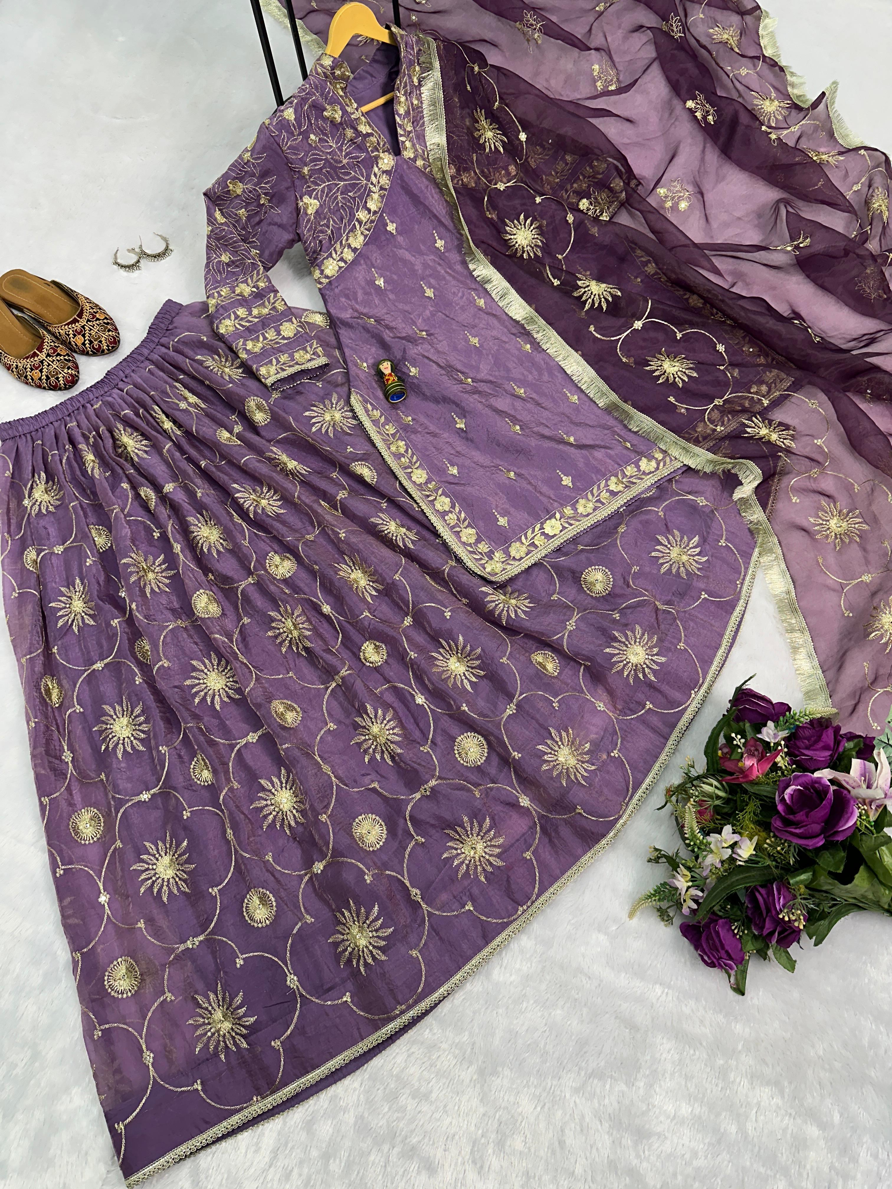 Attractive Lavender Color Rusian Silk Gold Crush With Embroidery Nack And All Over Work Designer Kurta With Lehenga