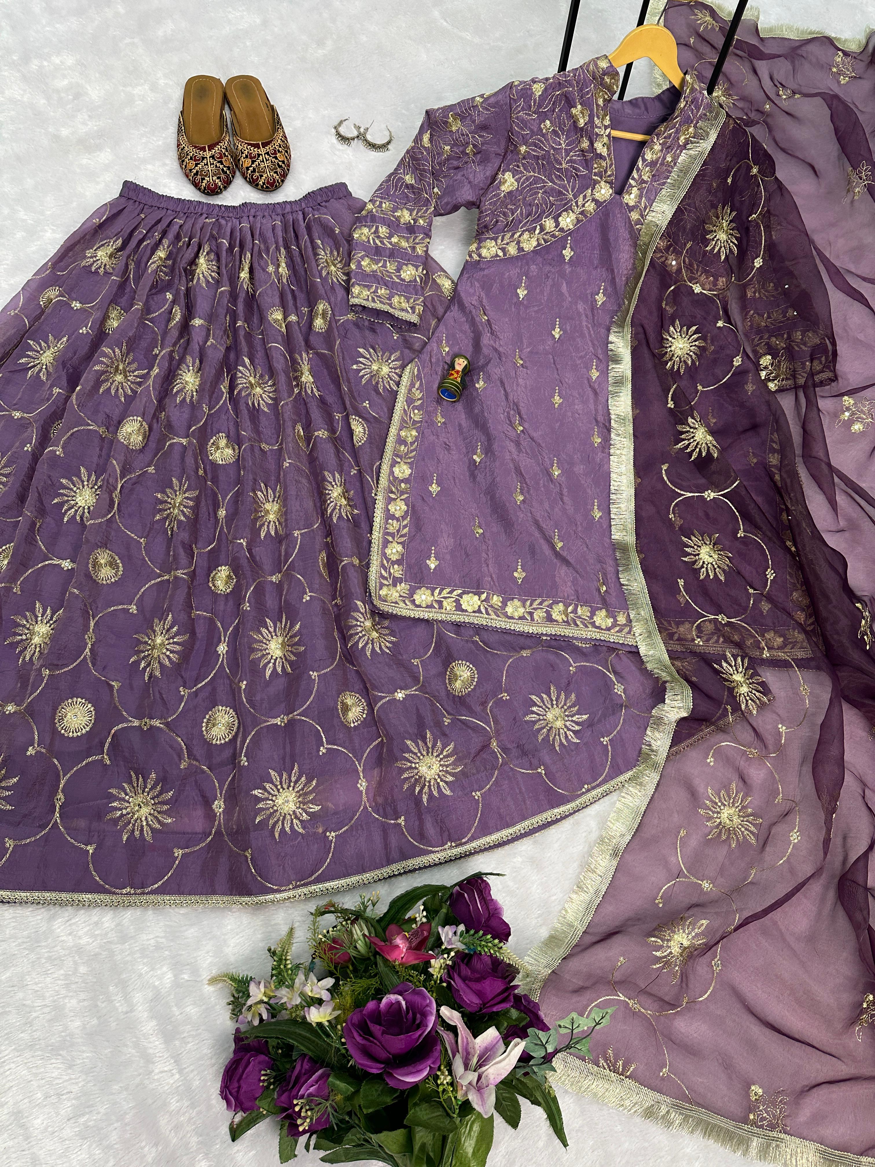 Attractive Lavender Color Rusian Silk Gold Crush With Embroidery Nack And All Over Work Designer Kurta With Lehenga