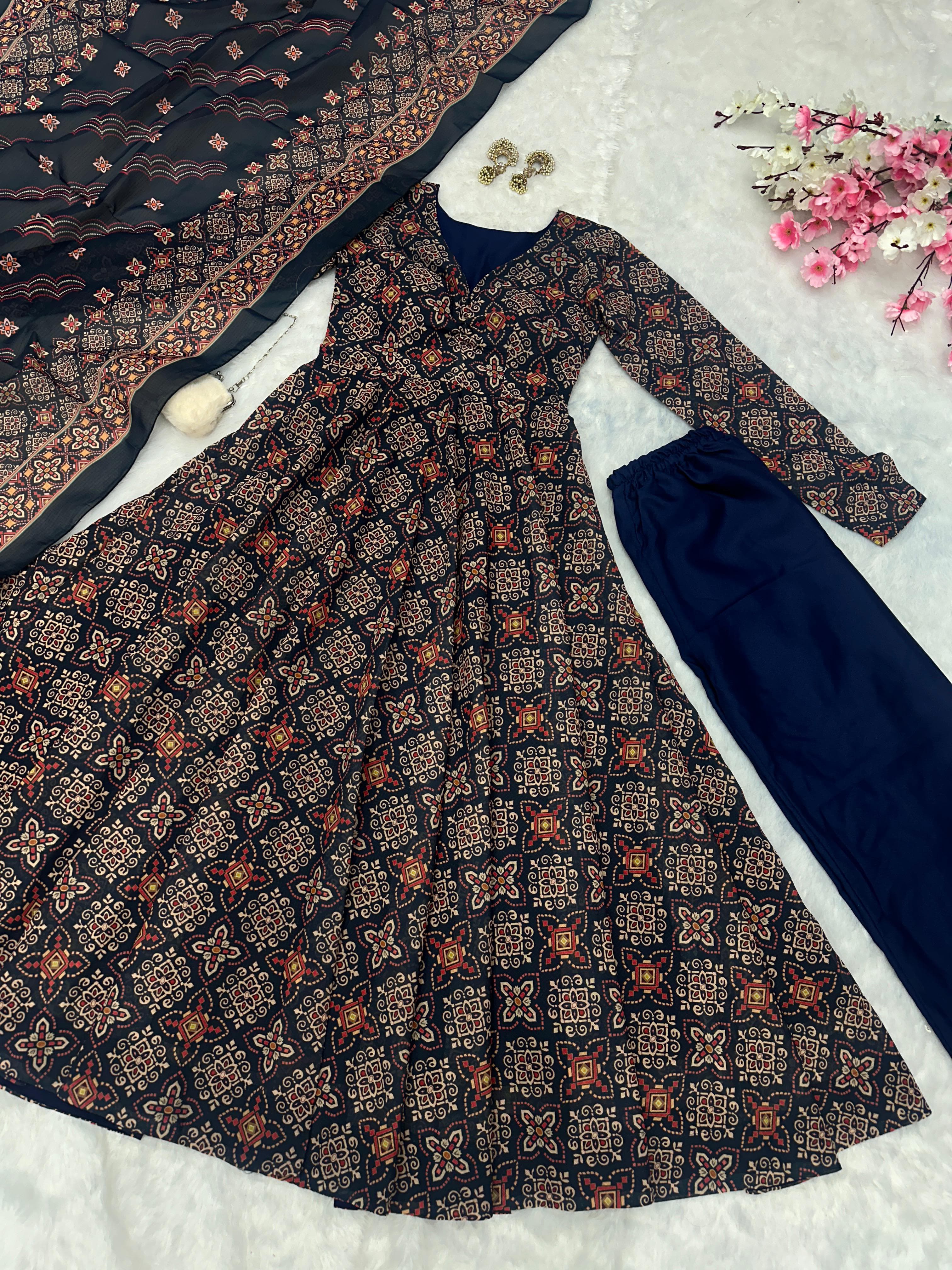 Wedding Wear Black Color Pure Soft Cotton Printed Anarkali Palazzo Suit