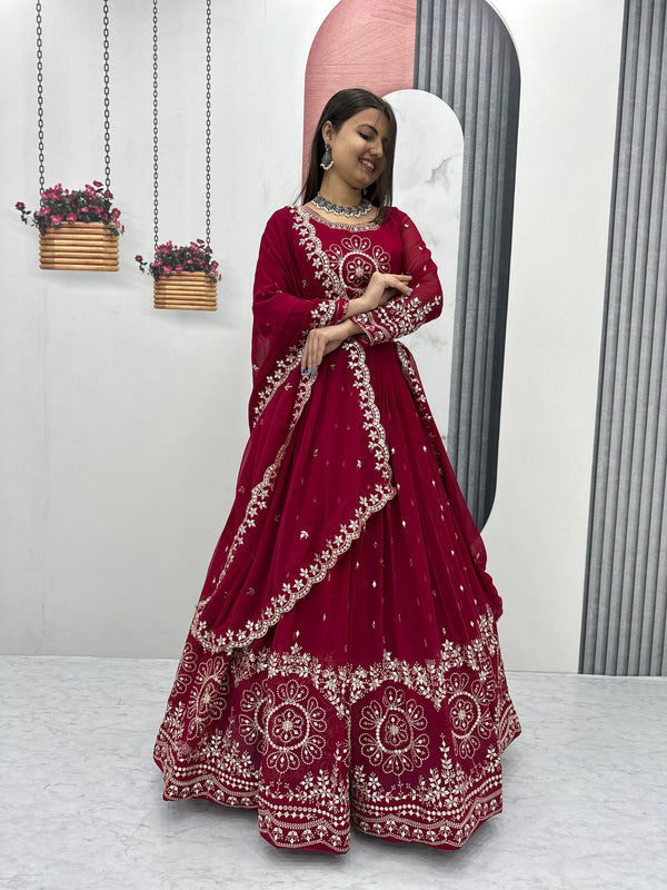 Exclusive Maroon Color Heavy Faux Georgette Heavy Embroidery 7 mm Sequence Work Designer Lehenga Choli