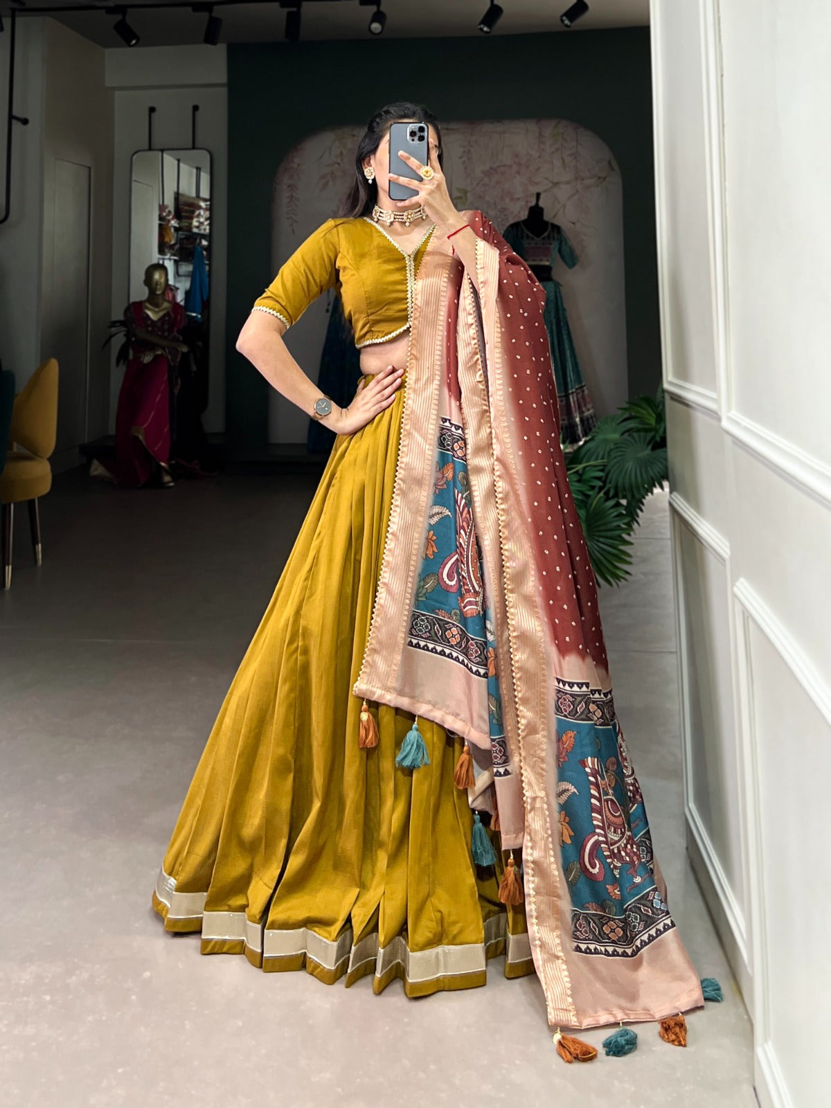 Function Wear Mustard Color Chinon Silk Plain With Lace Touch Up Beautiful Lehenga Choli