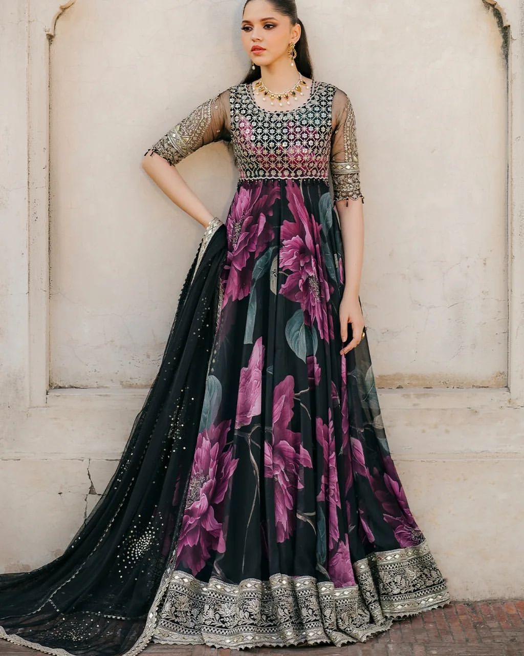 Party Wear Black Color Faux Georgette With Digital Print Designer Gown