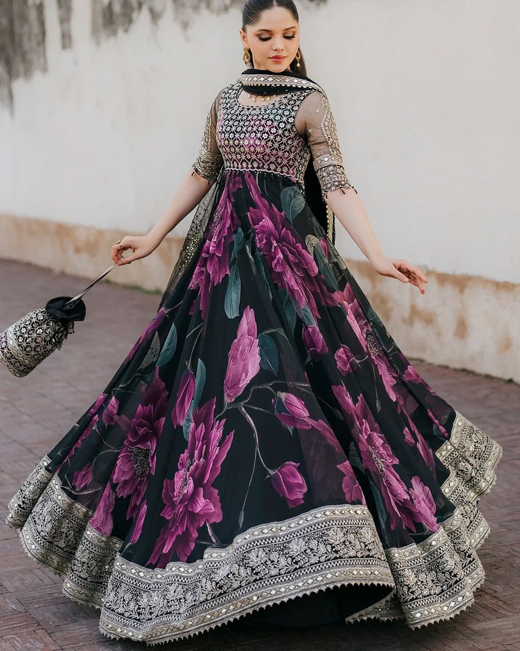 Party Wear Black Color Faux Georgette With Digital Print Designer Gown