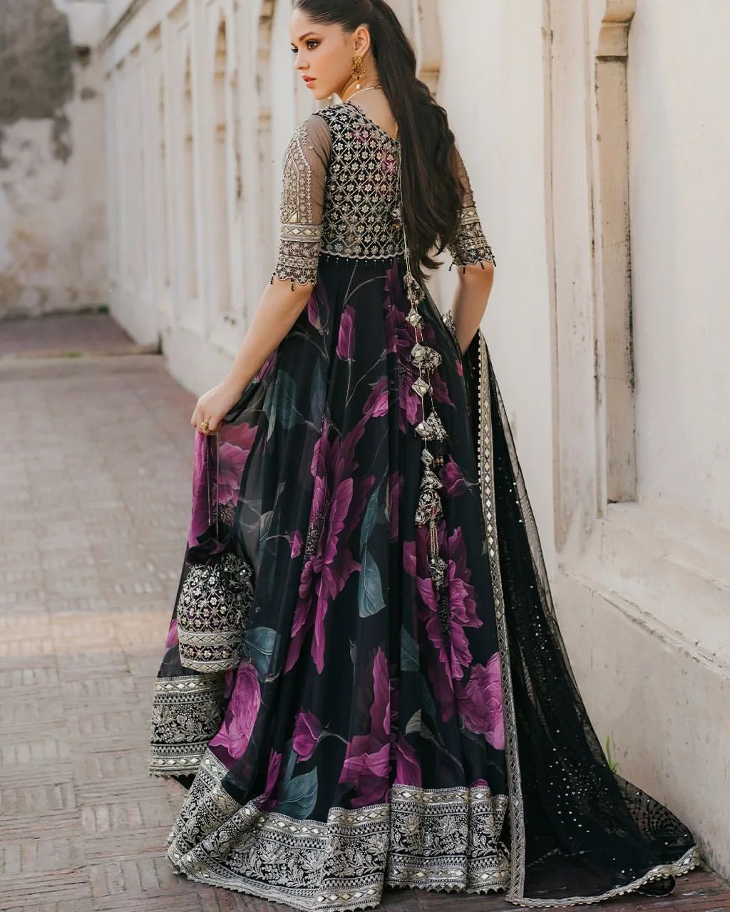 Party Wear Black Color Faux Georgette With Digital Print Designer Gown