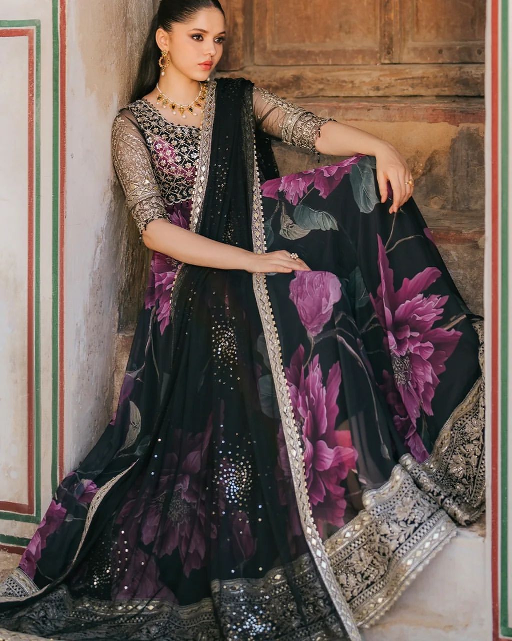 Party Wear Black Color Faux Georgette With Digital Print Designer Gown