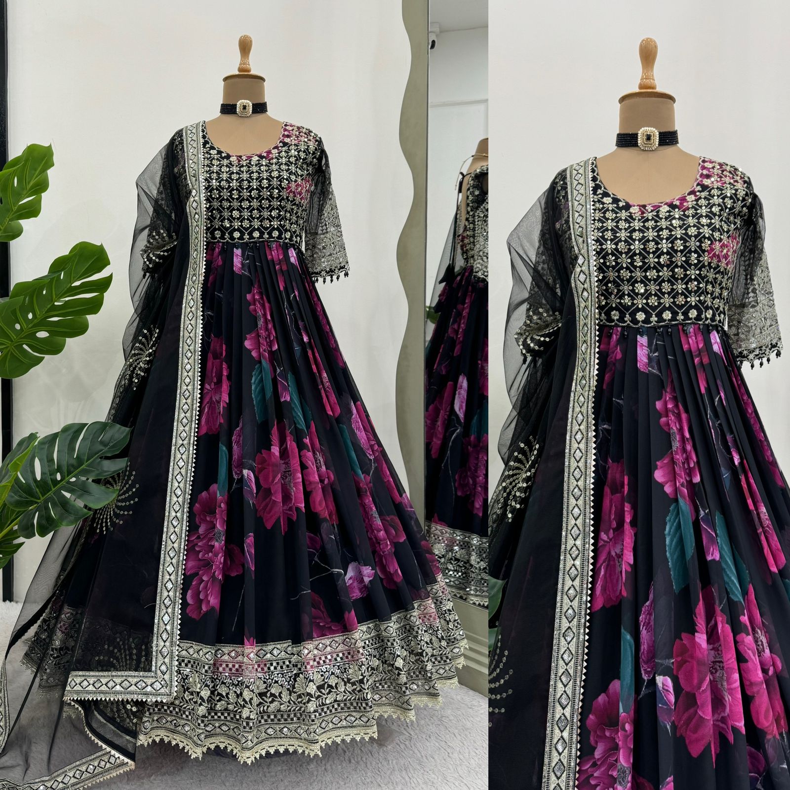 Party Wear Black Color Faux Georgette With Digital Print Designer Gown
