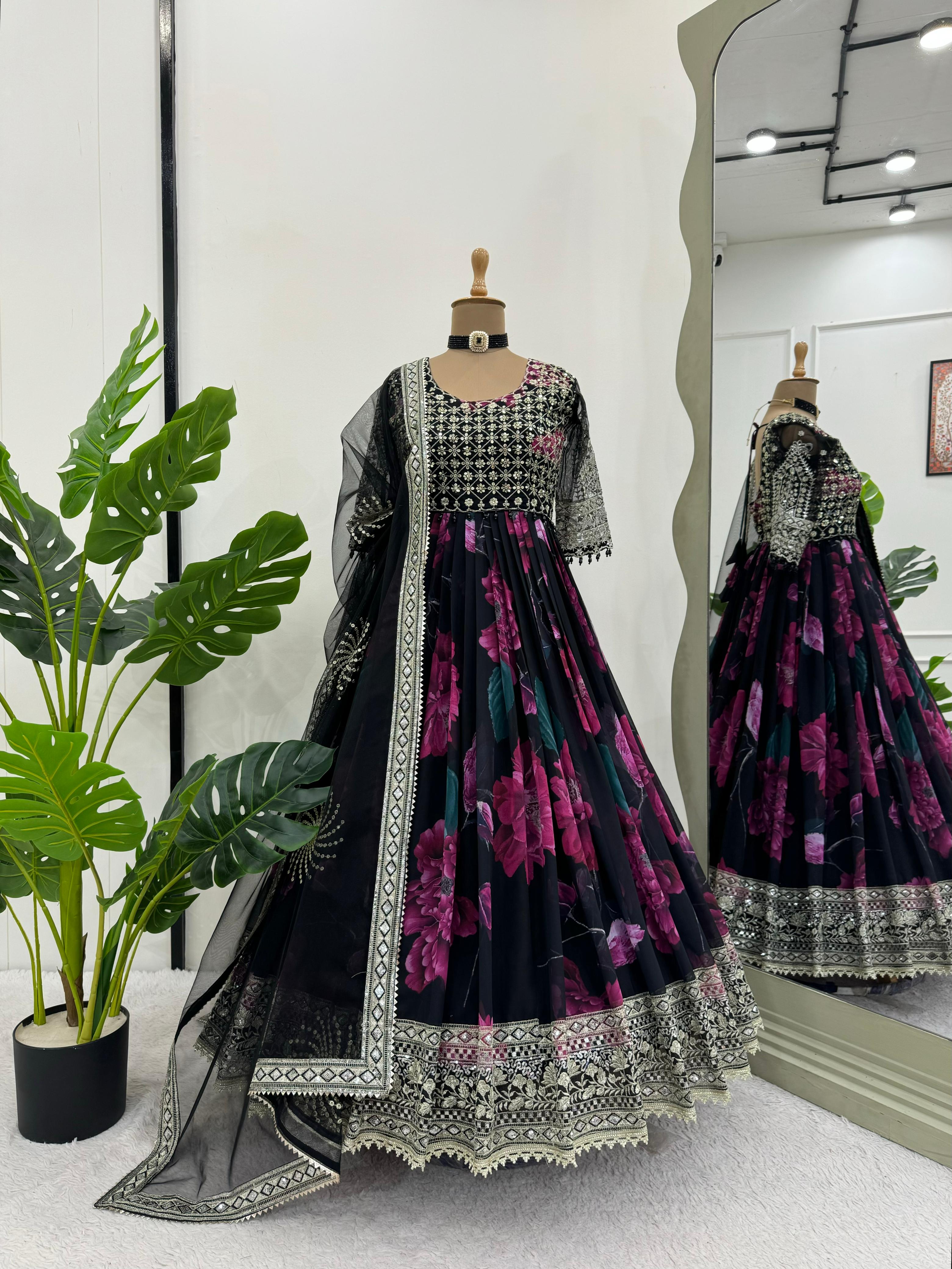 Party Wear Black Color Faux Georgette With Digital Print Designer Gown