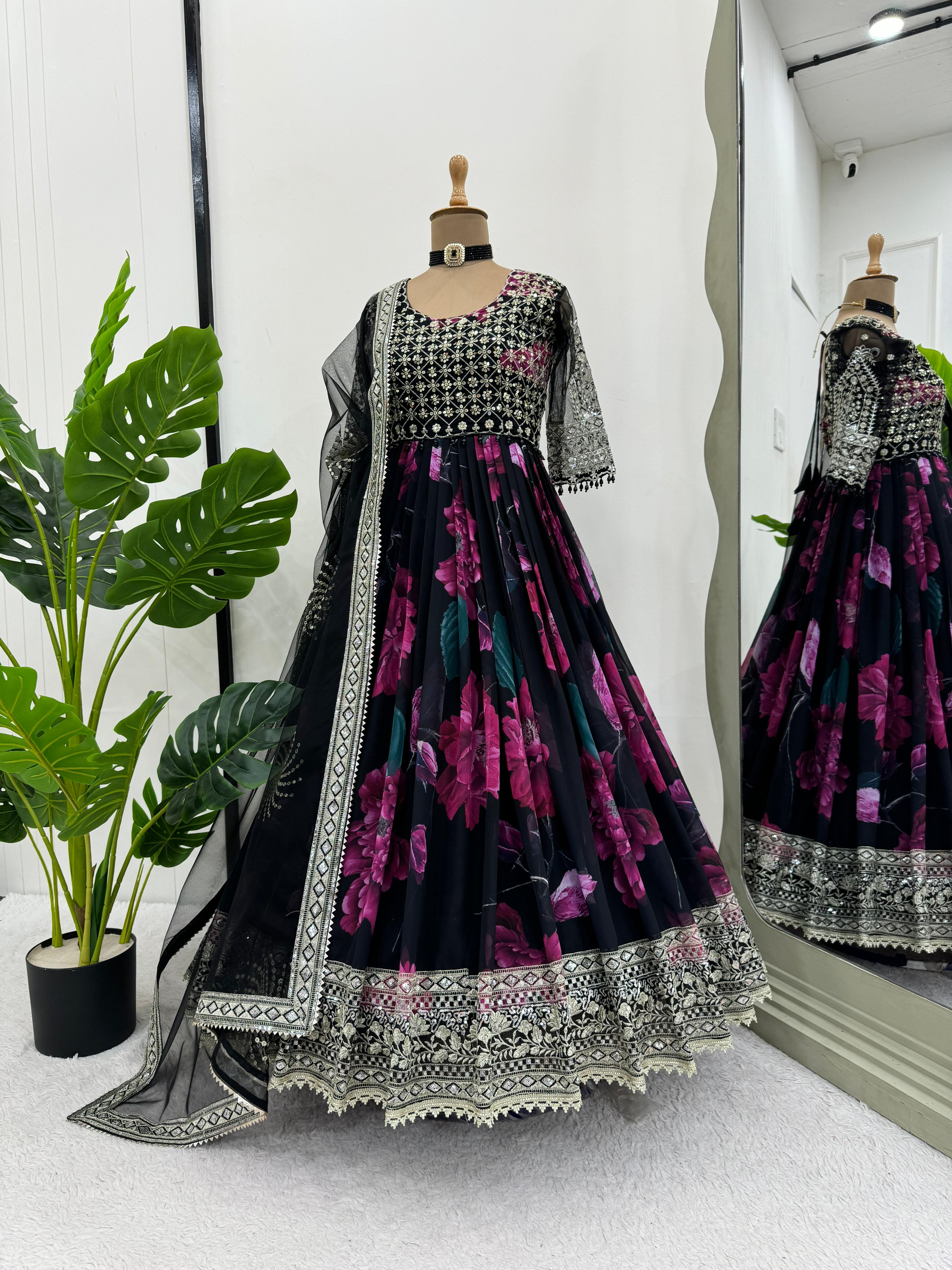 Party Wear Black Color Faux Georgette With Digital Print Designer Gown