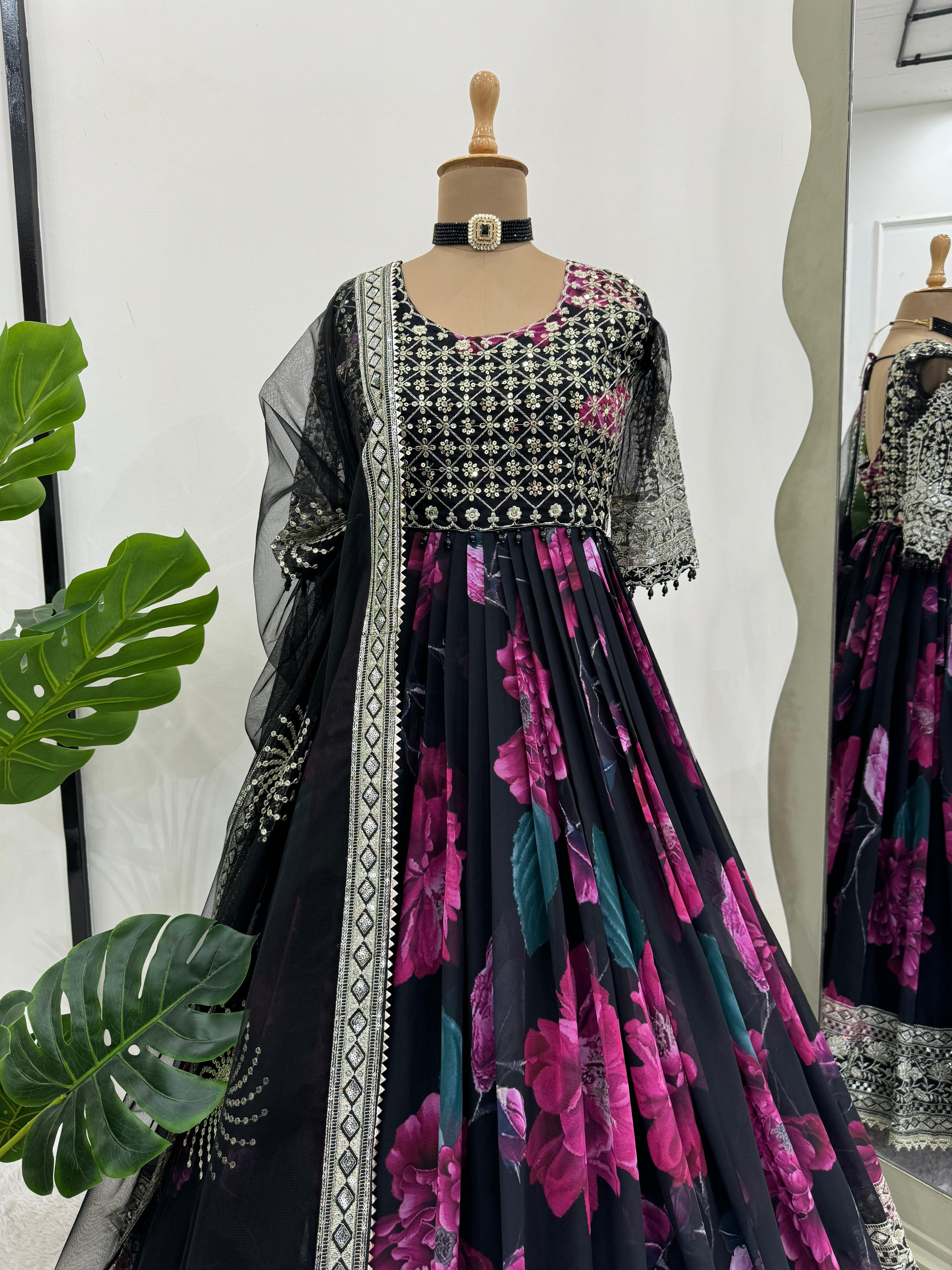 Party Wear Black Color Faux Georgette With Digital Print Designer Gown