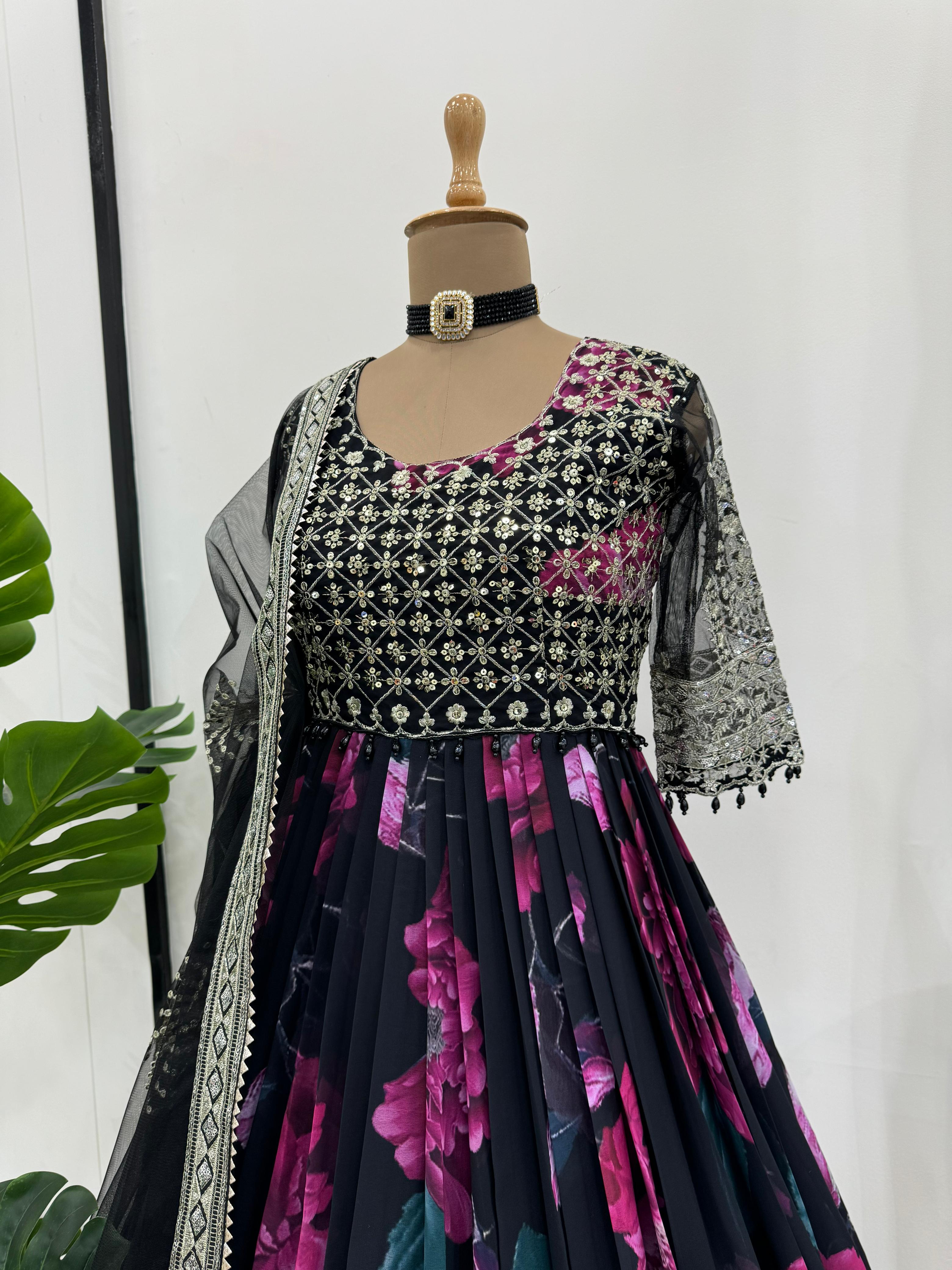 Party Wear Black Color Faux Georgette With Digital Print Designer Gown