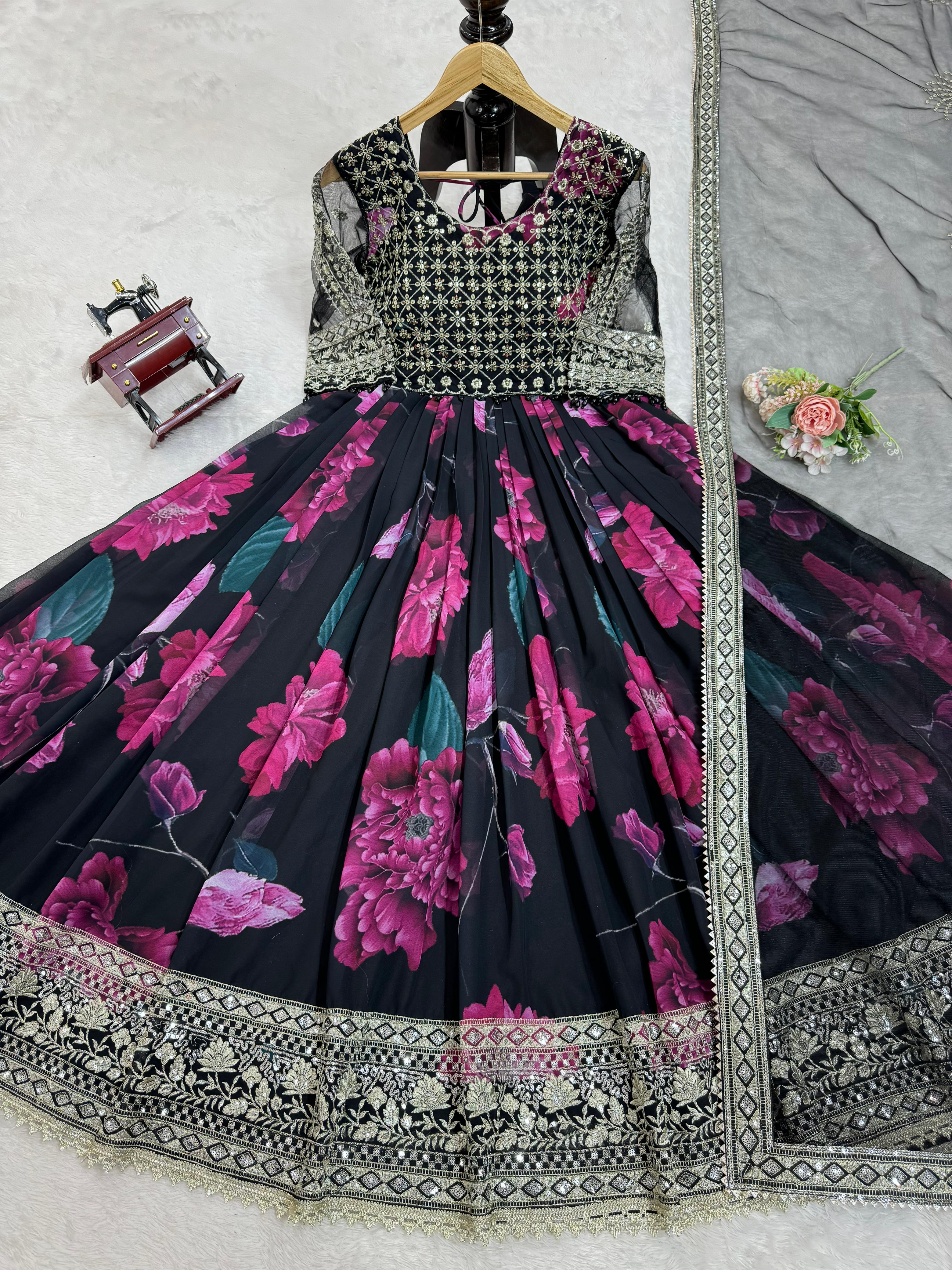 Party Wear Black Color Faux Georgette With Digital Print Designer Gown