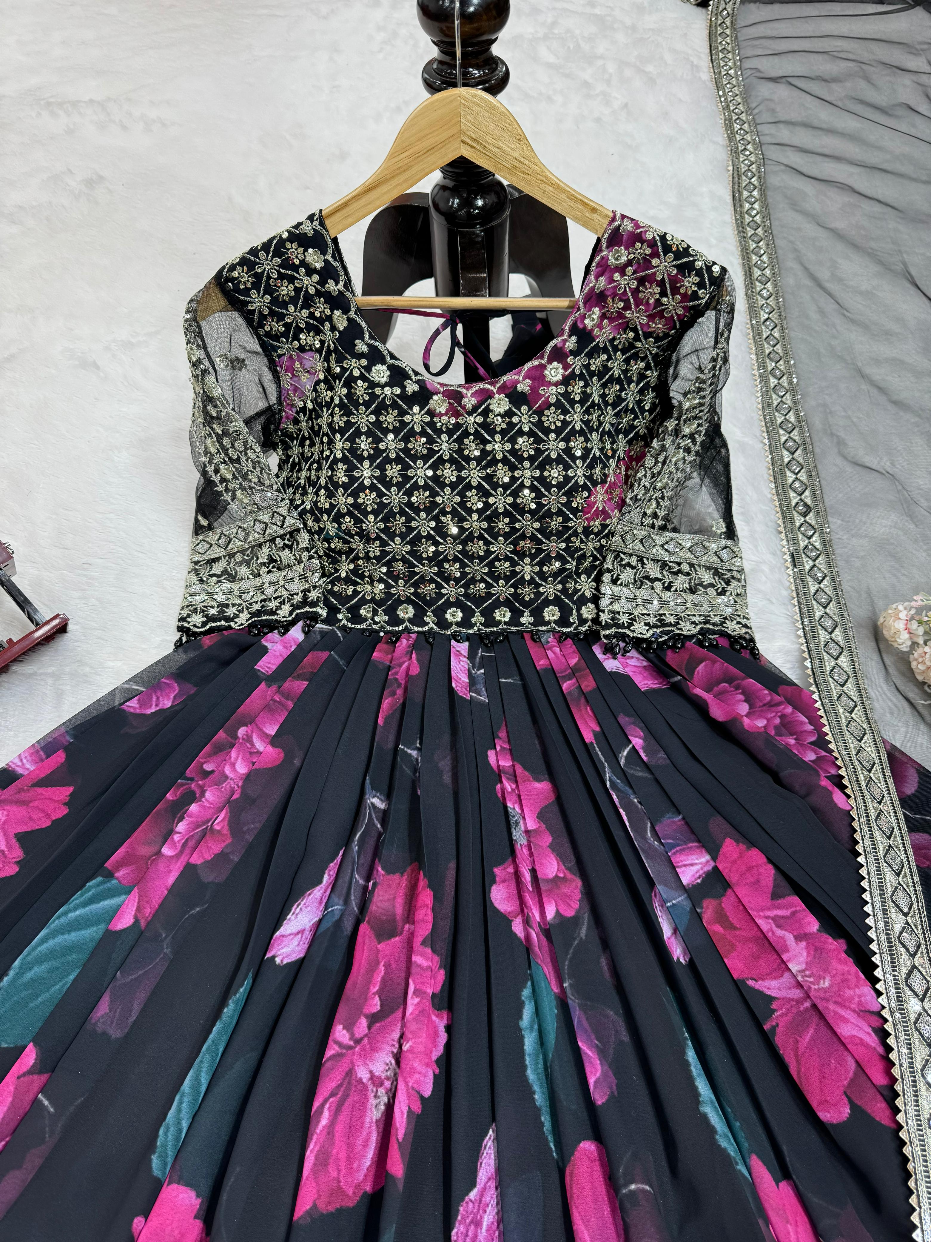 Party Wear Black Color Faux Georgette With Digital Print Designer Gown