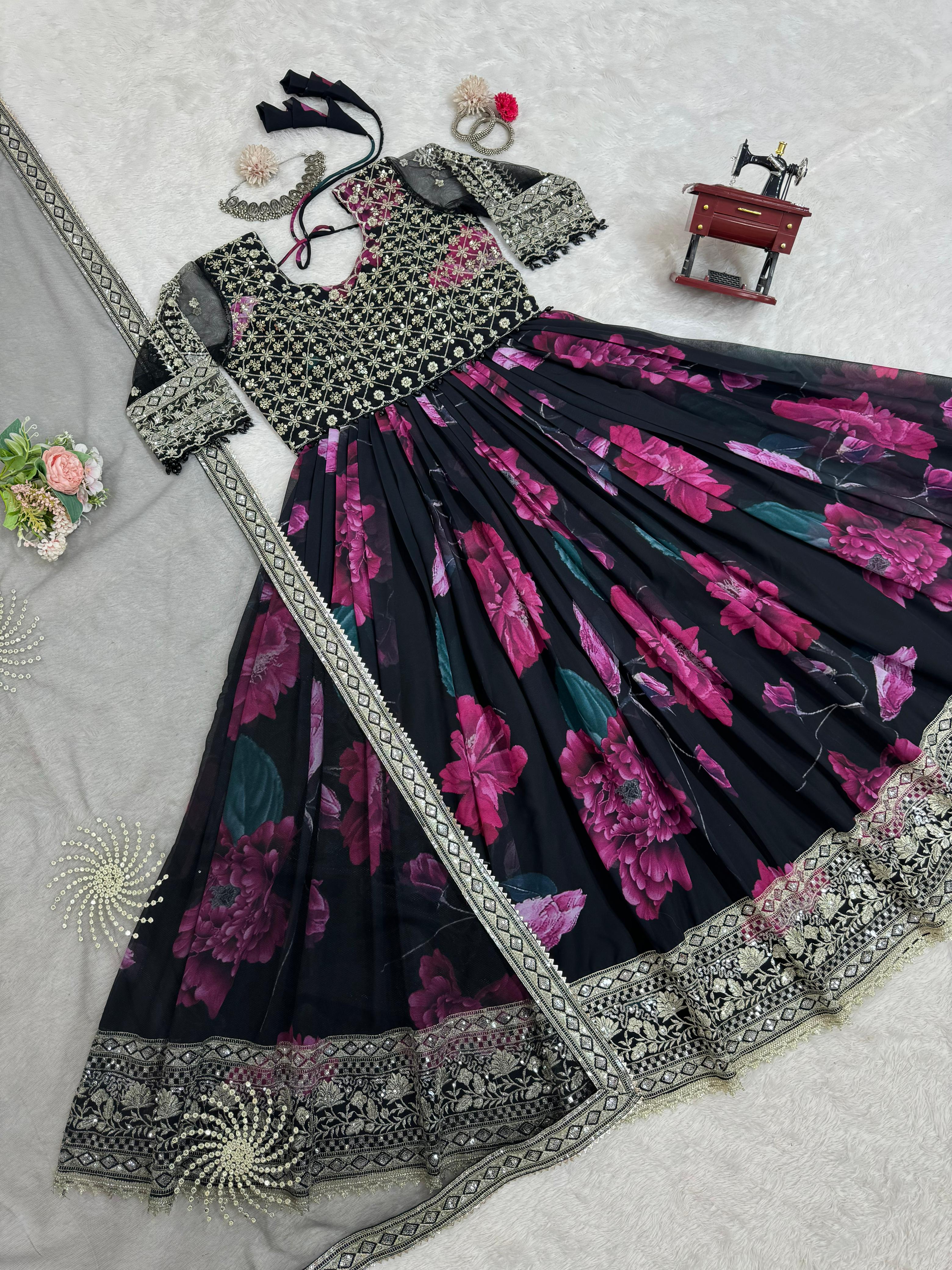 Party Wear Black Color Faux Georgette With Digital Print Designer Gown