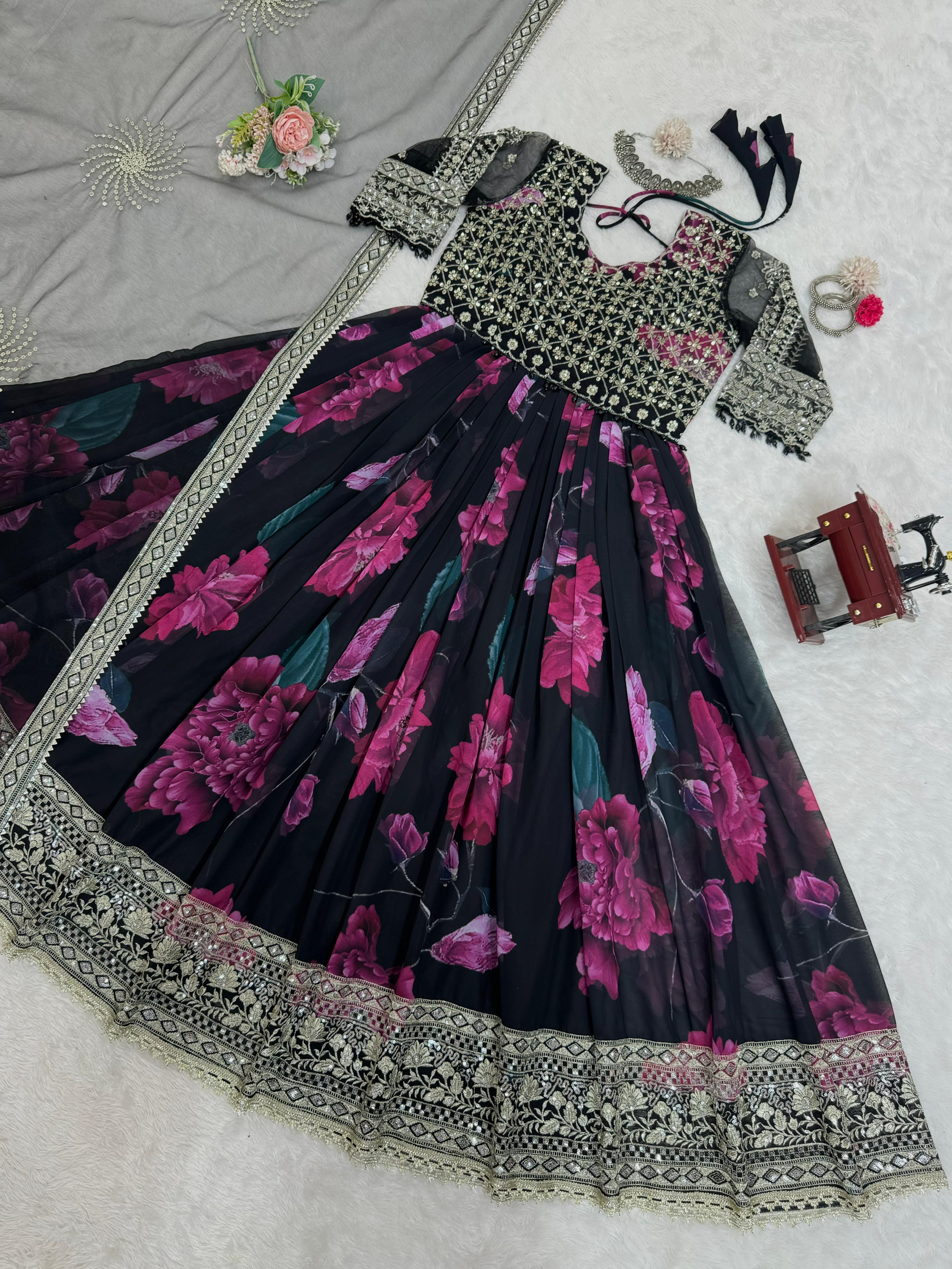 Party Wear Black Color Faux Georgette With Digital Print Designer Gown