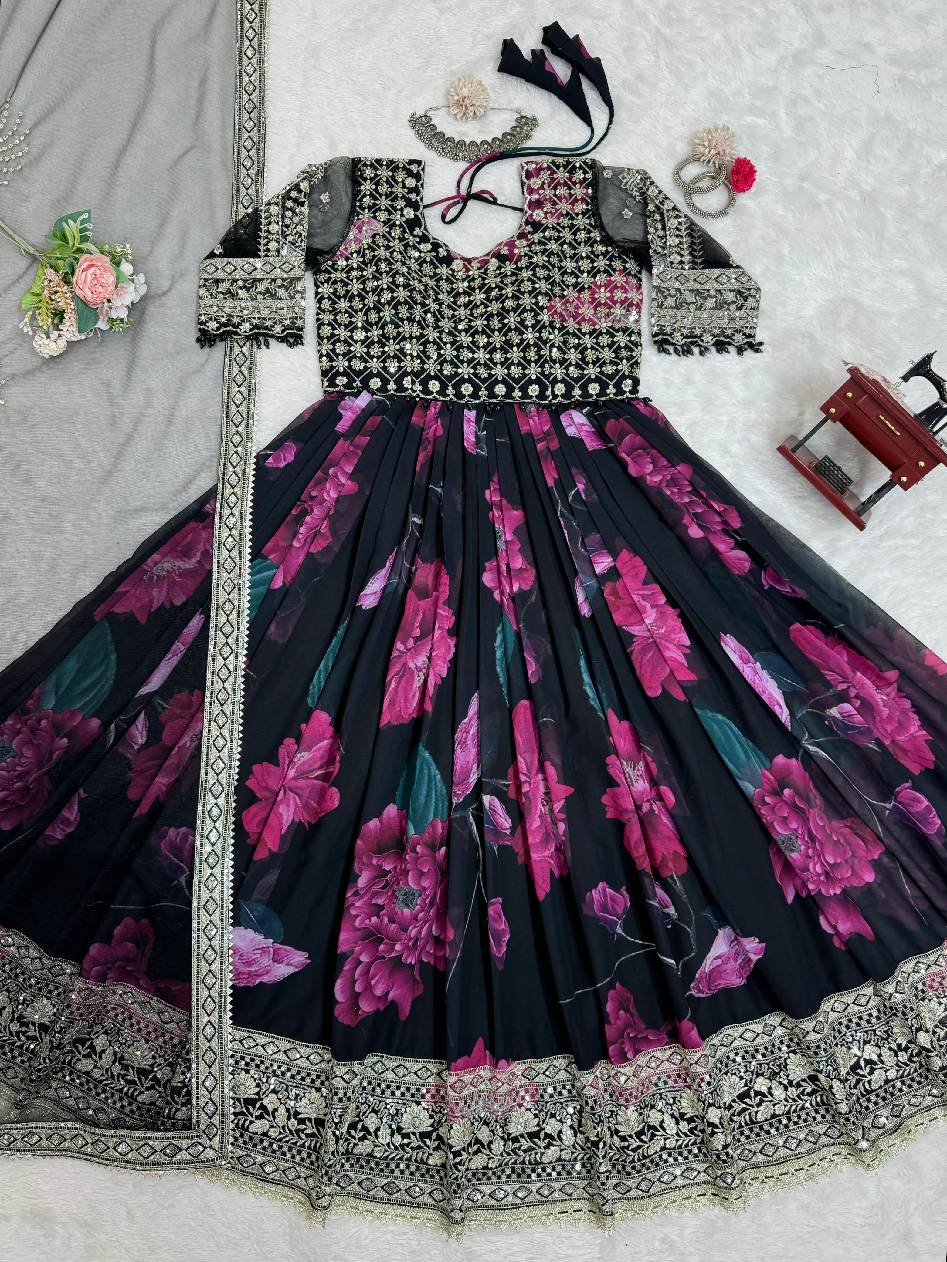 Party Wear Black Color Faux Georgette With Digital Print Designer Gown
