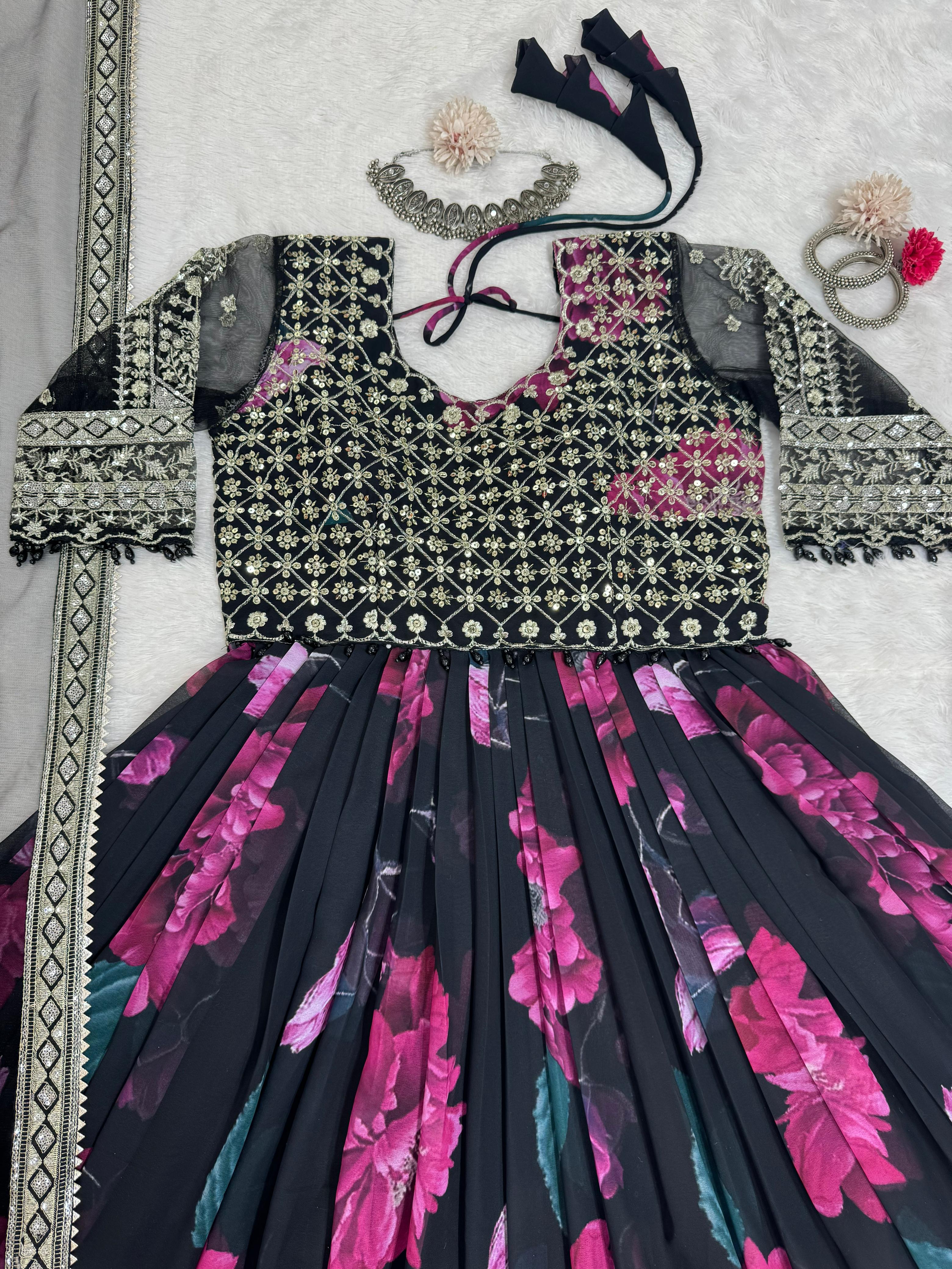 Party Wear Black Color Faux Georgette With Digital Print Designer Gown