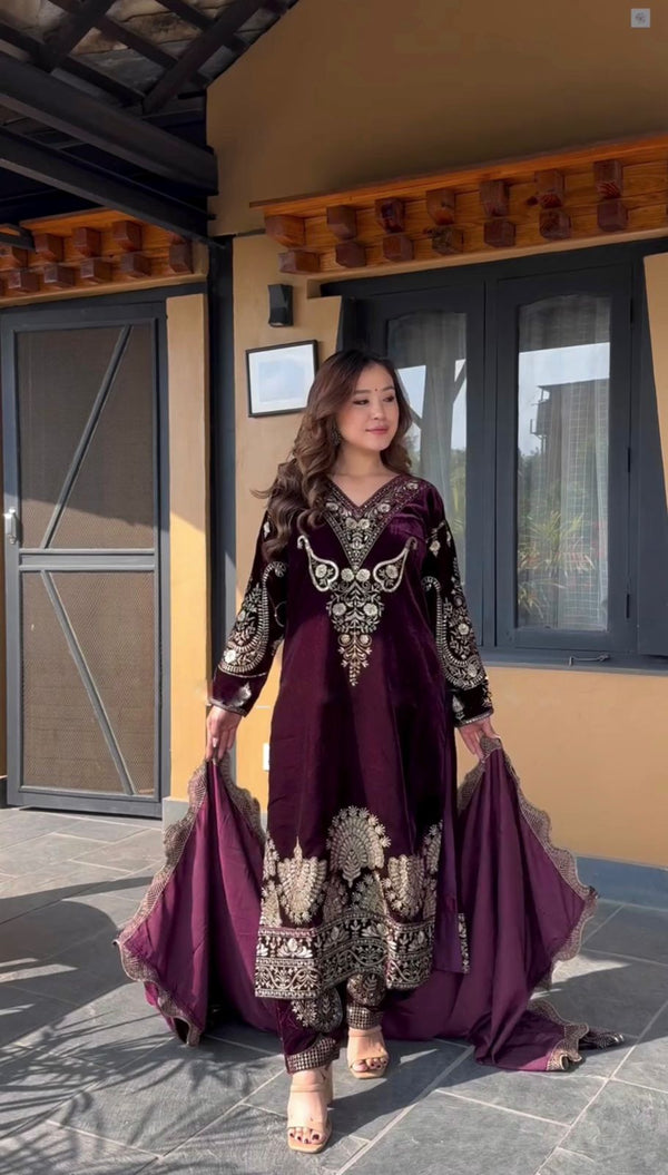 Party Wear Wine Color Heavy Viscose Velvet With Heavy Embroidery Sequence Work Salwar Suit