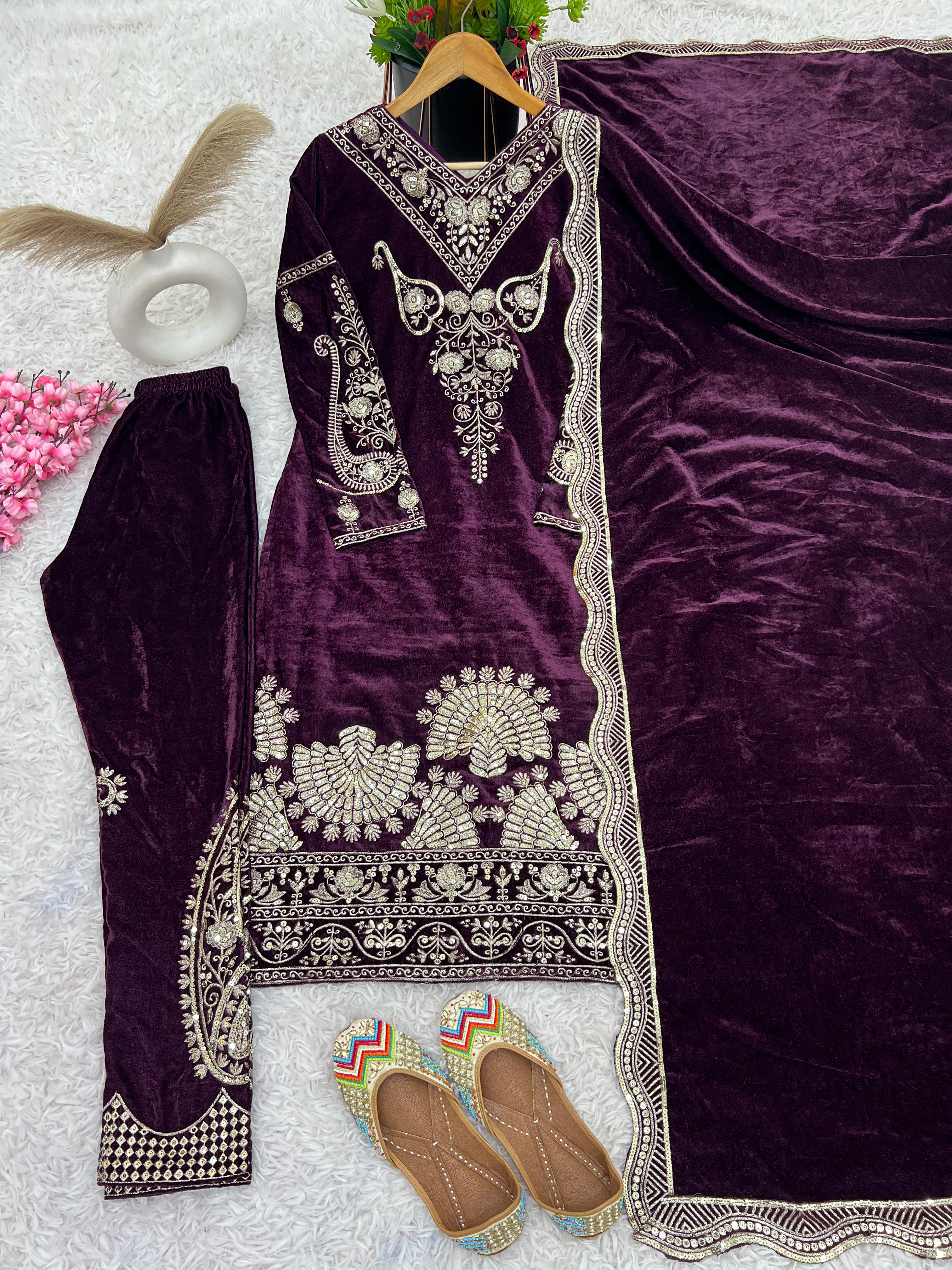 Party Wear Wine Color Heavy Viscose Velvet With Heavy Embroidery Sequence Work Salwar Suit