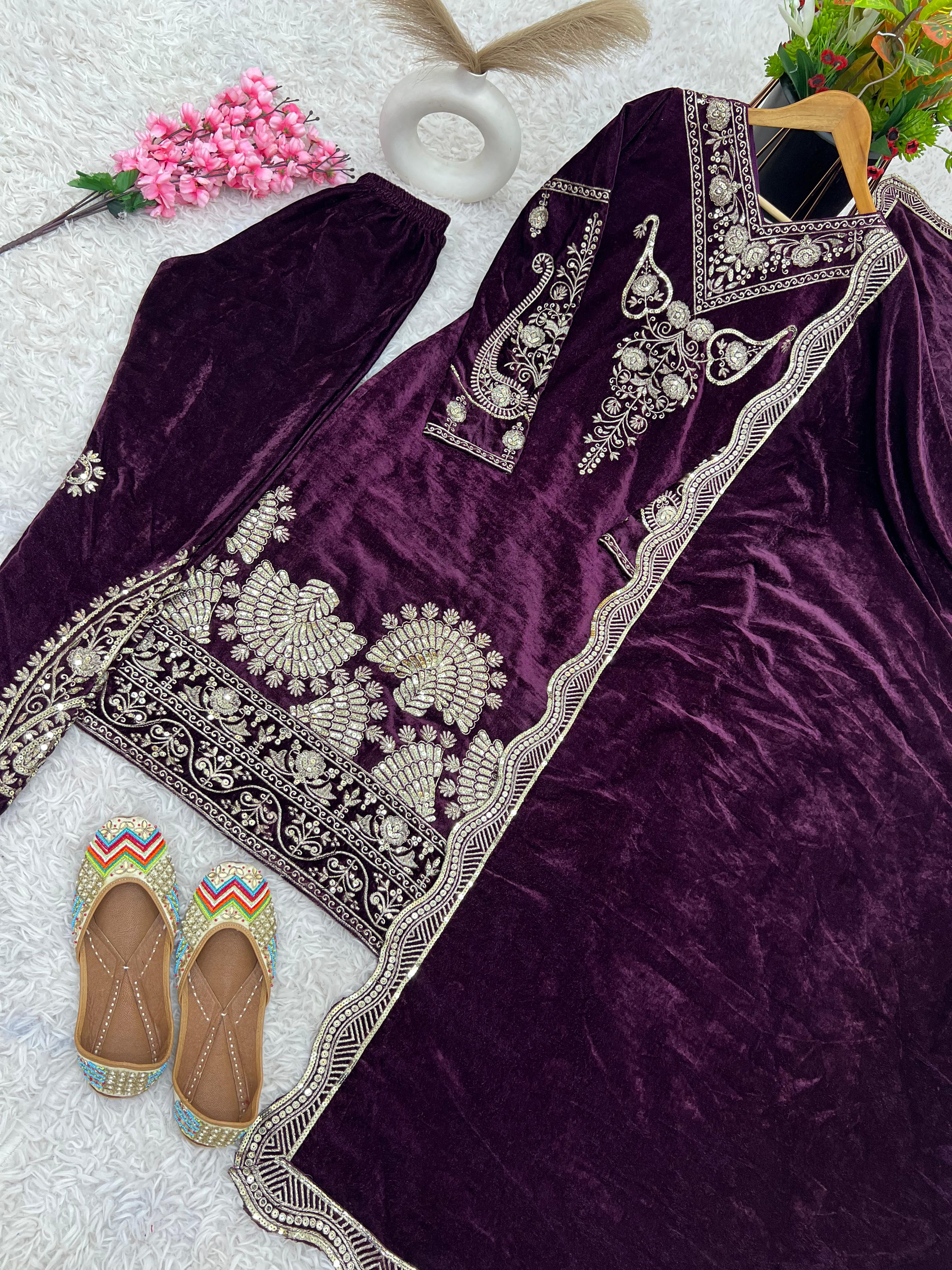 Party Wear Wine Color Heavy Viscose Velvet With Heavy Embroidery Sequence Work Salwar Suit