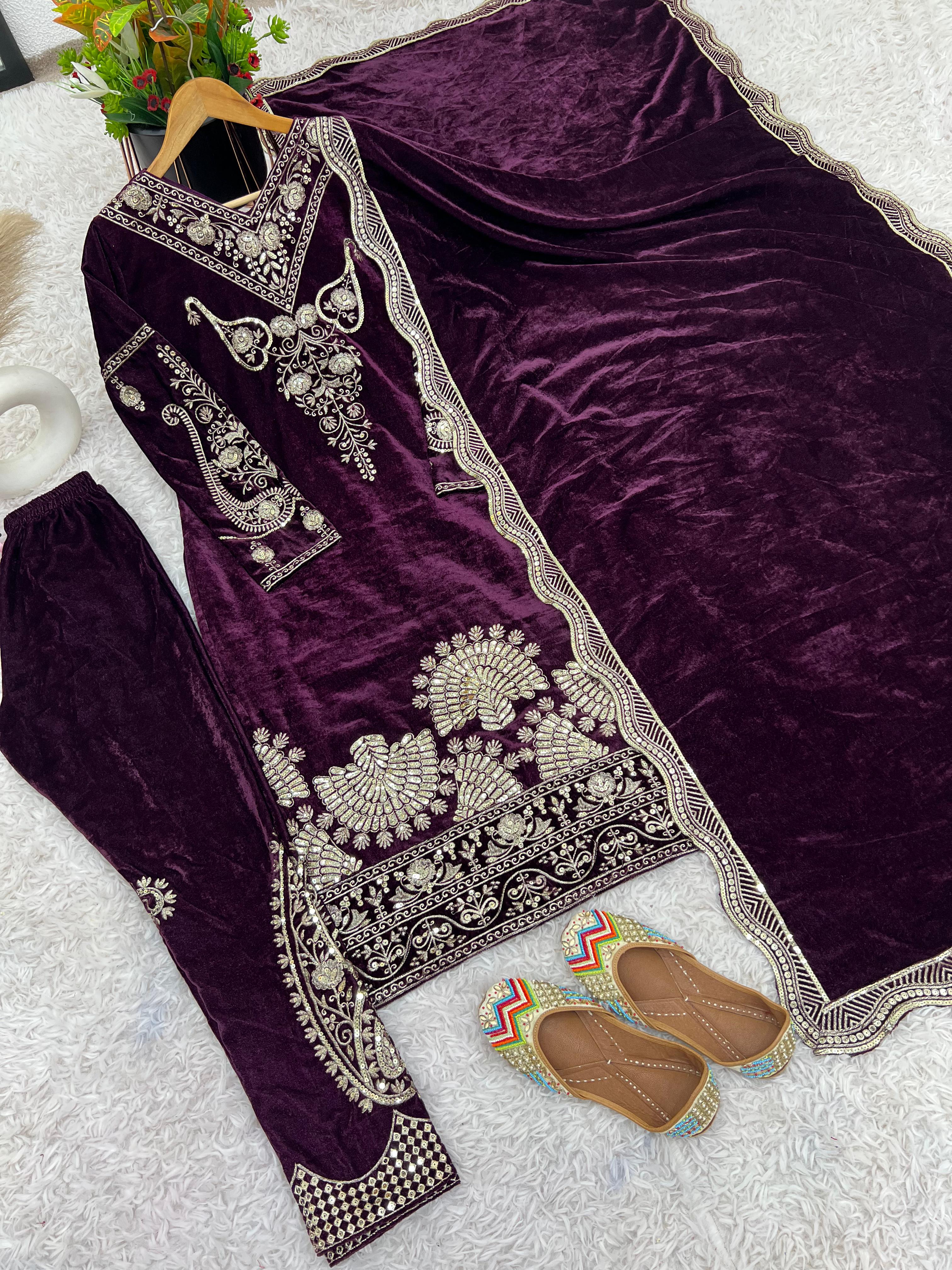 Party Wear Wine Color Heavy Viscose Velvet With Heavy Embroidery Sequence Work Salwar Suit