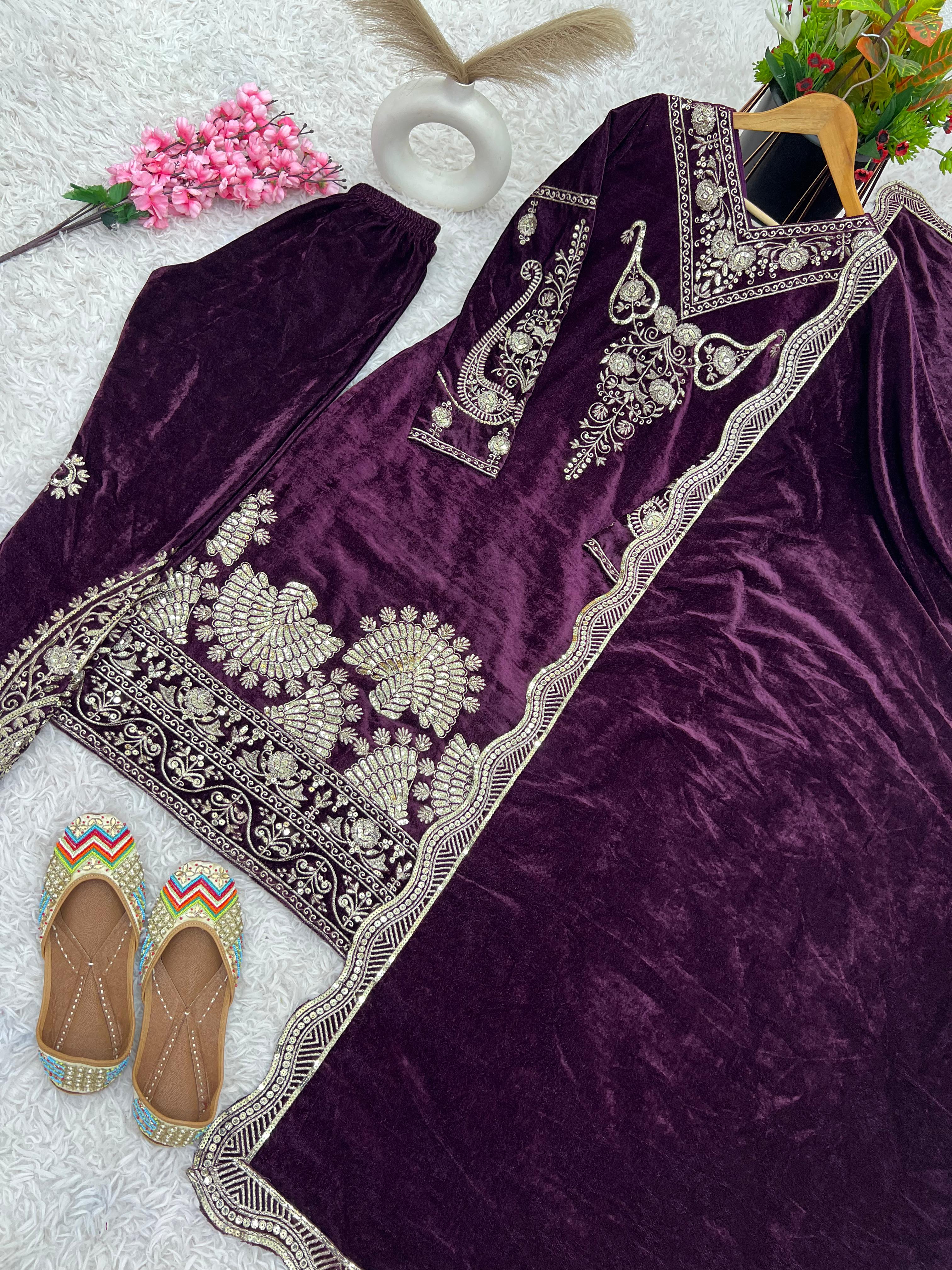Party Wear Wine Color Heavy Viscose Velvet With Heavy Embroidery Sequence Work Salwar Suit