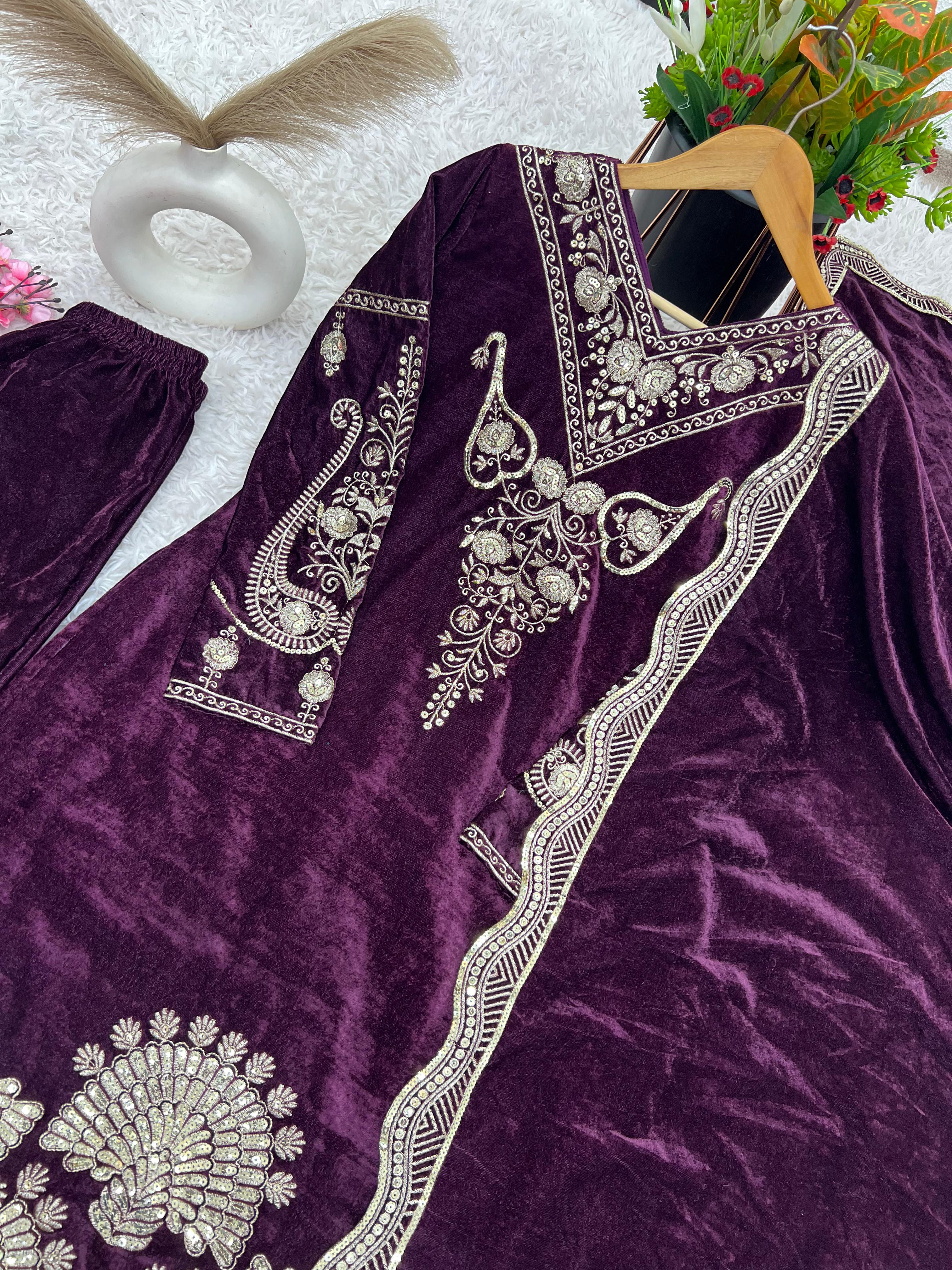 Party Wear Wine Color Heavy Viscose Velvet With Heavy Embroidery Sequence Work Salwar Suit