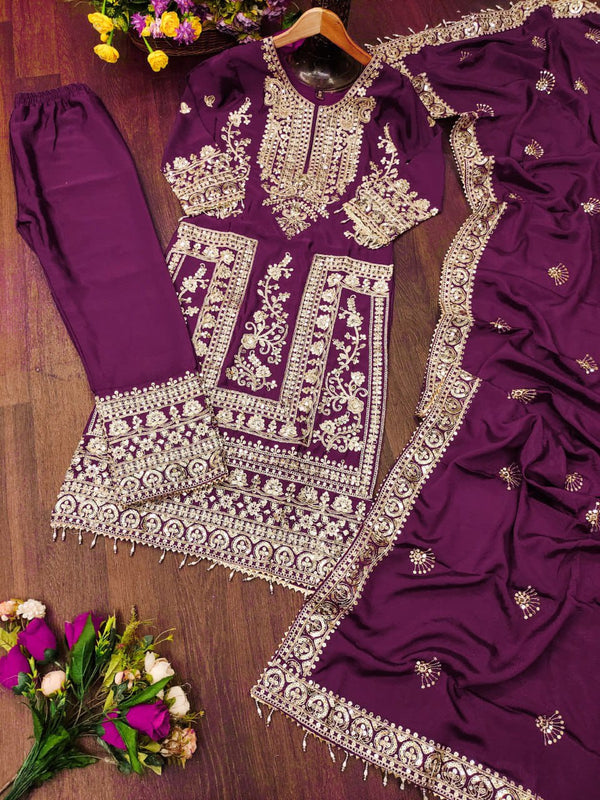 Latest Wine Color Chinon And Coding Sequence Embroidery Work Designer Salwar Suit
