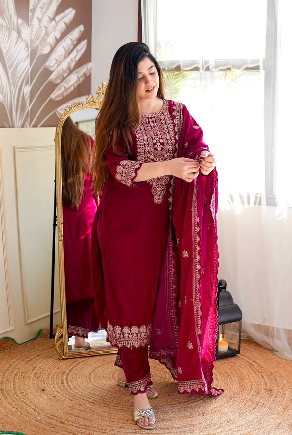 Party Wear Red Color Viscos Velvet With  Heavy Embroidery 5mm Sequence Work Designer Salwar Suit
