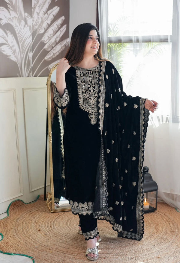 Party Wear Black Color Viscos Velvet With  Heavy Embroidery 5mm Sequence Work Designer Salwar Suit