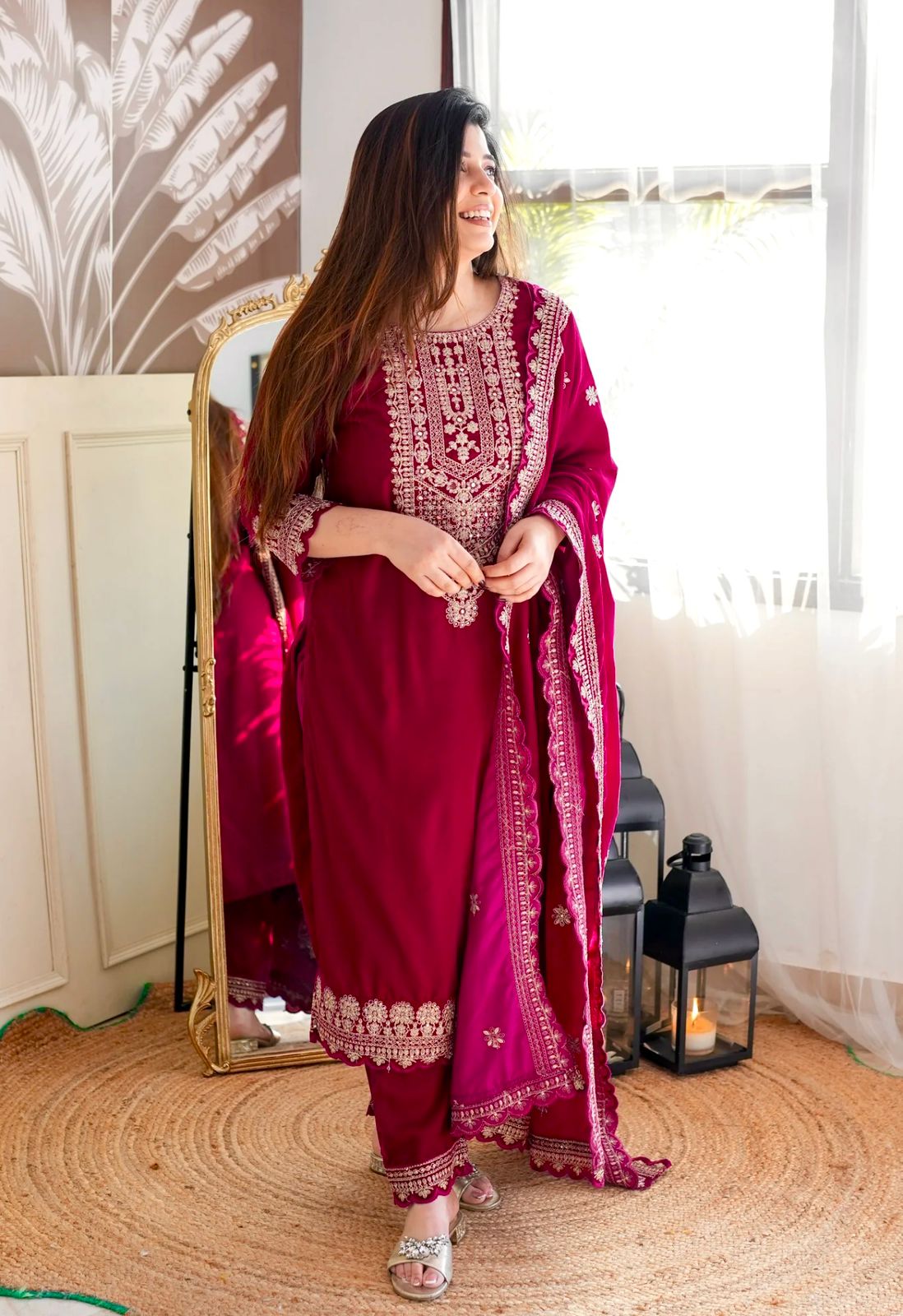 Party Wear Red Color Viscos Velvet With  Heavy Embroidery 5mm Sequence Work Designer Salwar Suit