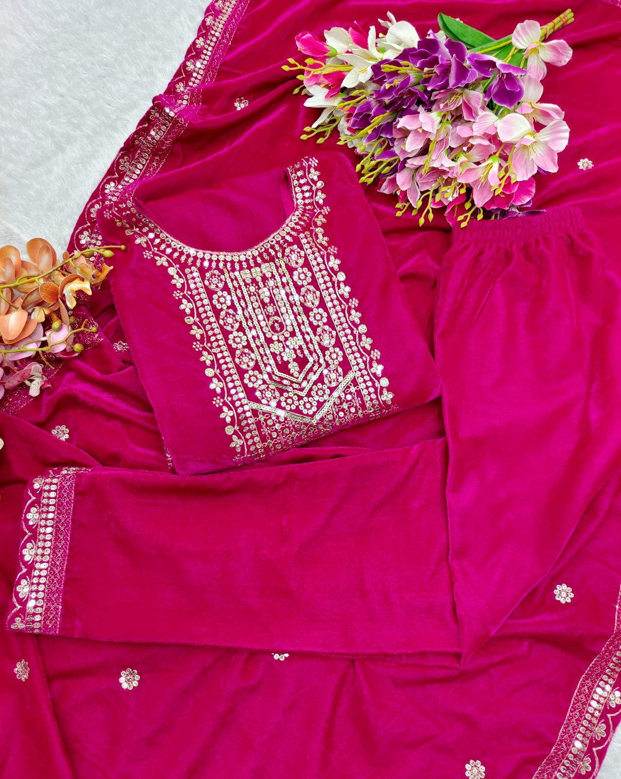 Party Wear Red Color Viscos Velvet With  Heavy Embroidery 5mm Sequence Work Designer Salwar Suit