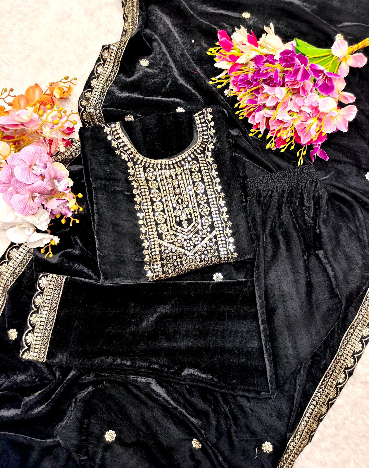 Party Wear Black Color Viscos Velvet With  Heavy Embroidery 5mm Sequence Work Designer Salwar Suit