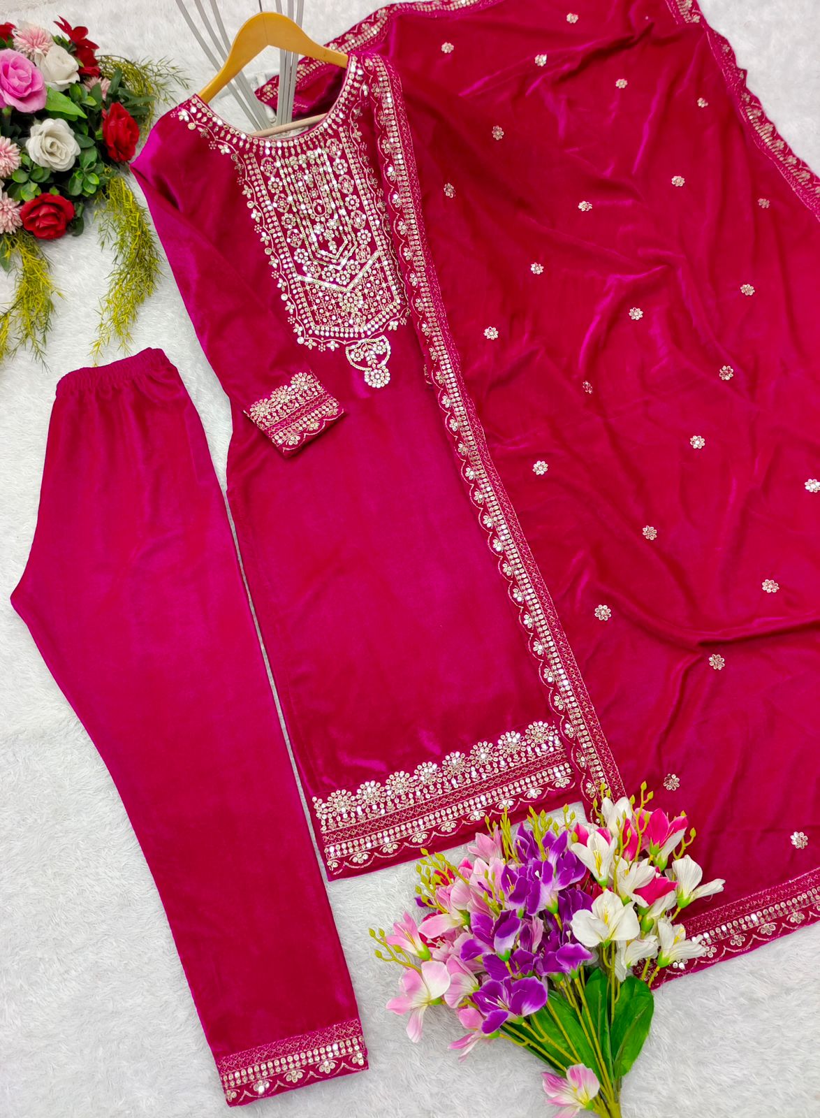 Party Wear Red Color Viscos Velvet With  Heavy Embroidery 5mm Sequence Work Designer Salwar Suit