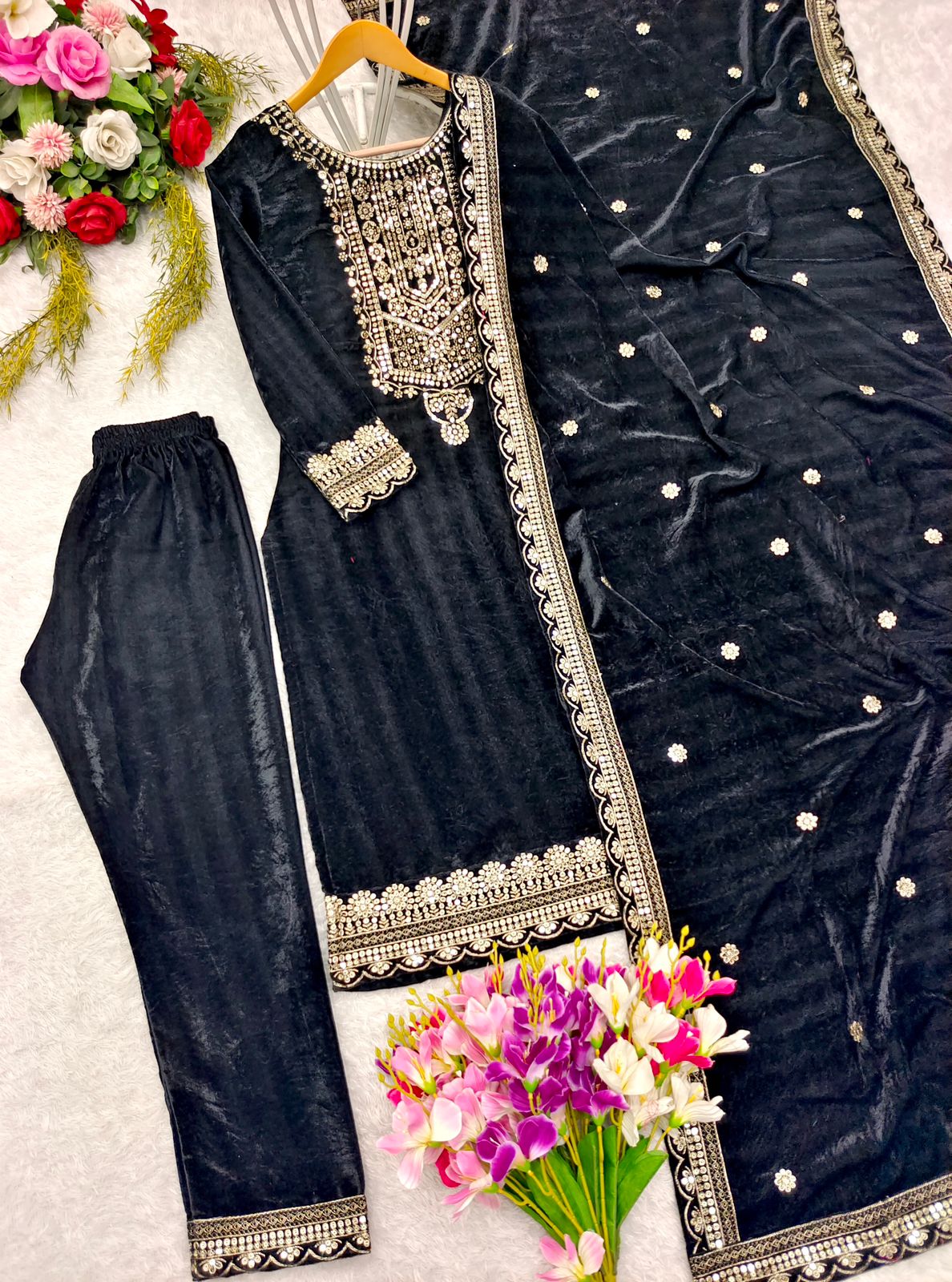 Party Wear Black Color Viscos Velvet With  Heavy Embroidery 5mm Sequence Work Designer Salwar Suit