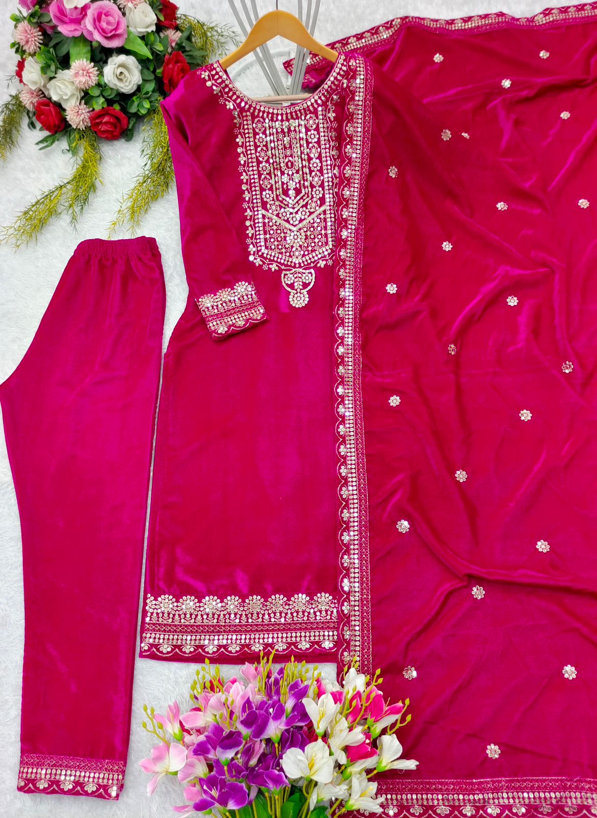 Party Wear Red Color Viscos Velvet With  Heavy Embroidery 5mm Sequence Work Designer Salwar Suit