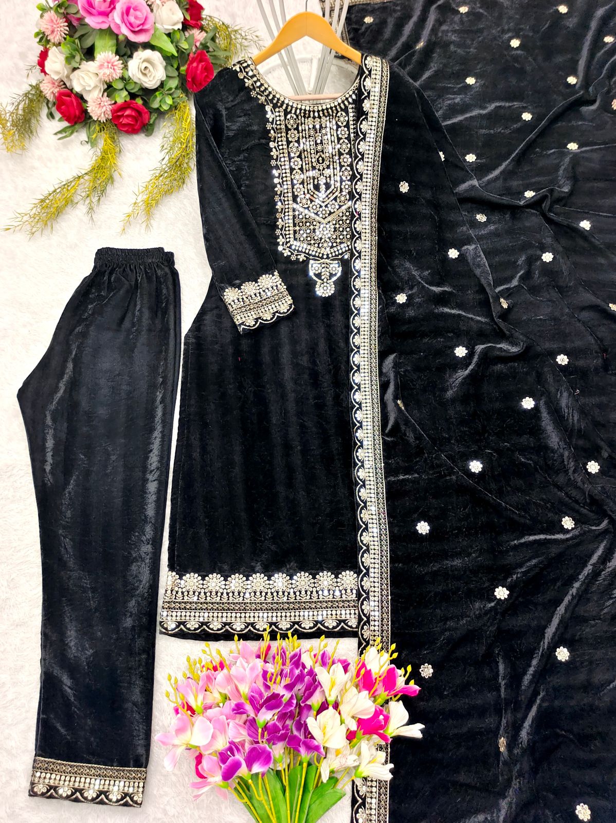 Party Wear Black Color Viscos Velvet With  Heavy Embroidery 5mm Sequence Work Designer Salwar Suit