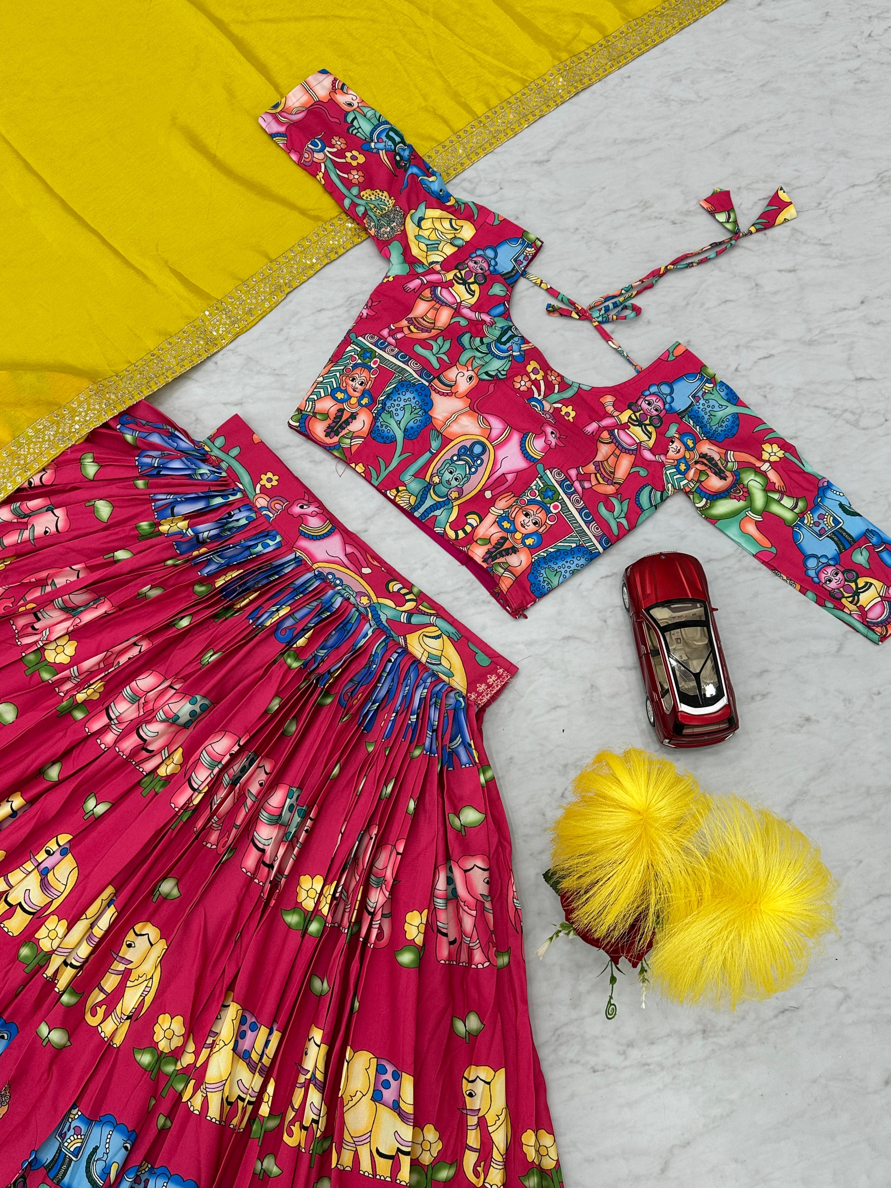 Beautiful Designer Pink Color Kalamkari Printed Lehenga Choli