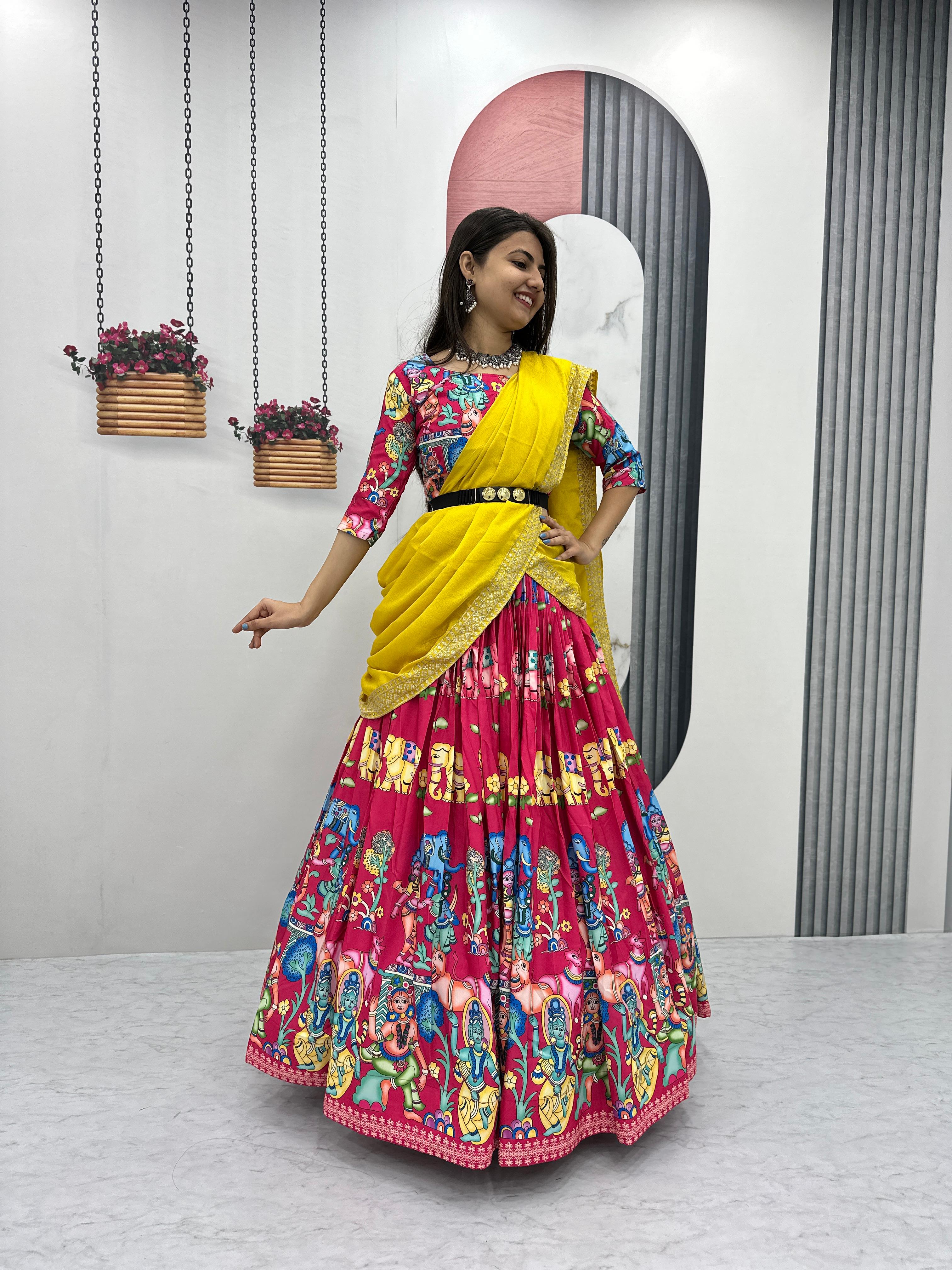 Beautiful Designer Pink Color Kalamkari Printed Lehenga Choli