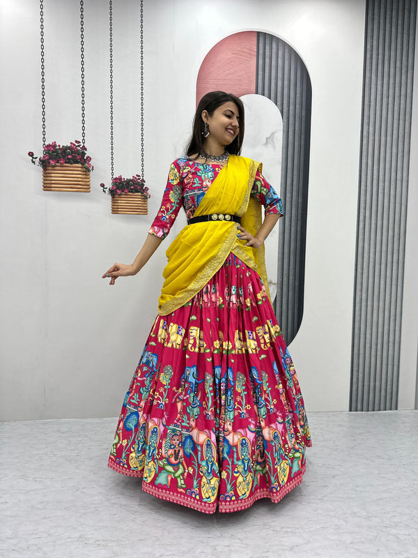 Beautiful Designer Pink Color Kalamkari Printed Lehenga Choli