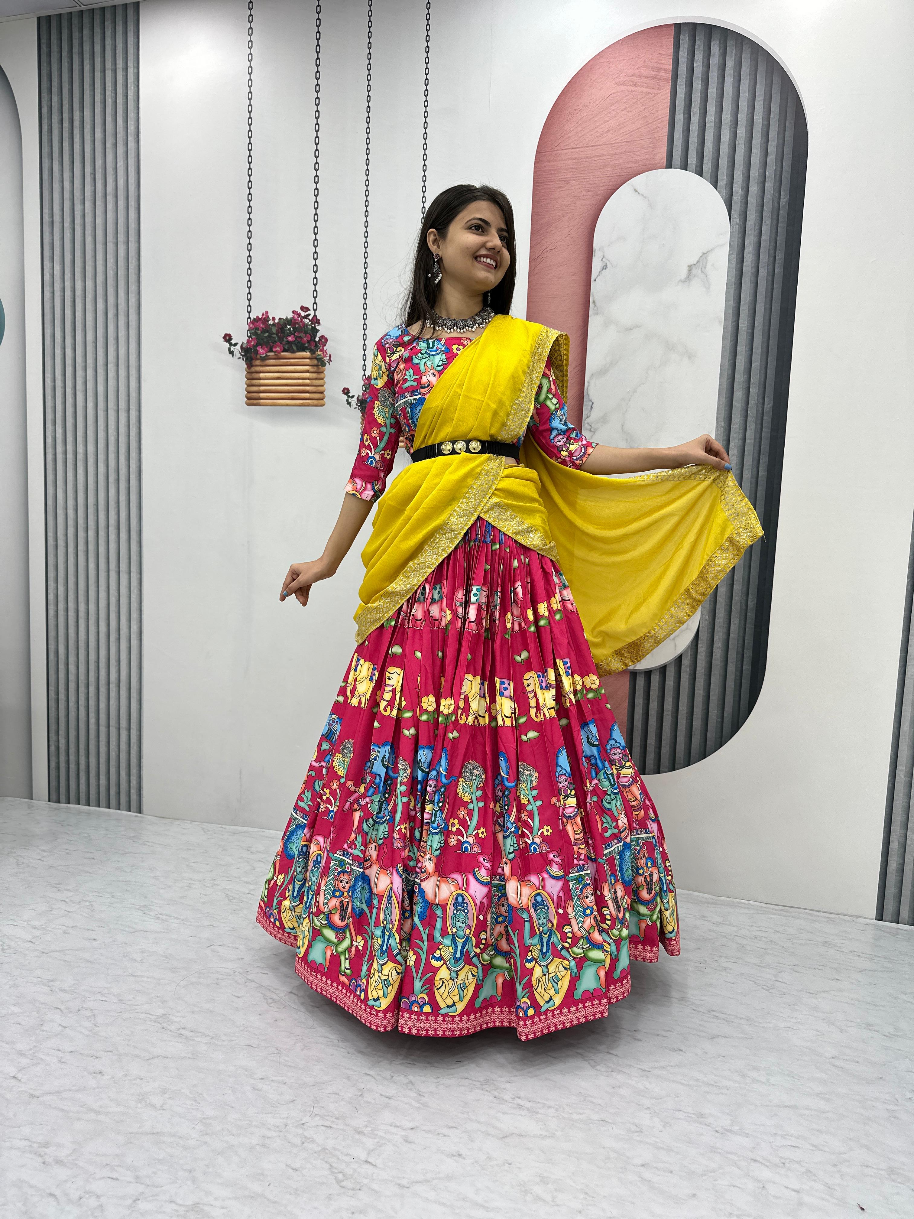 Beautiful Designer Pink Color Kalamkari Printed Lehenga Choli