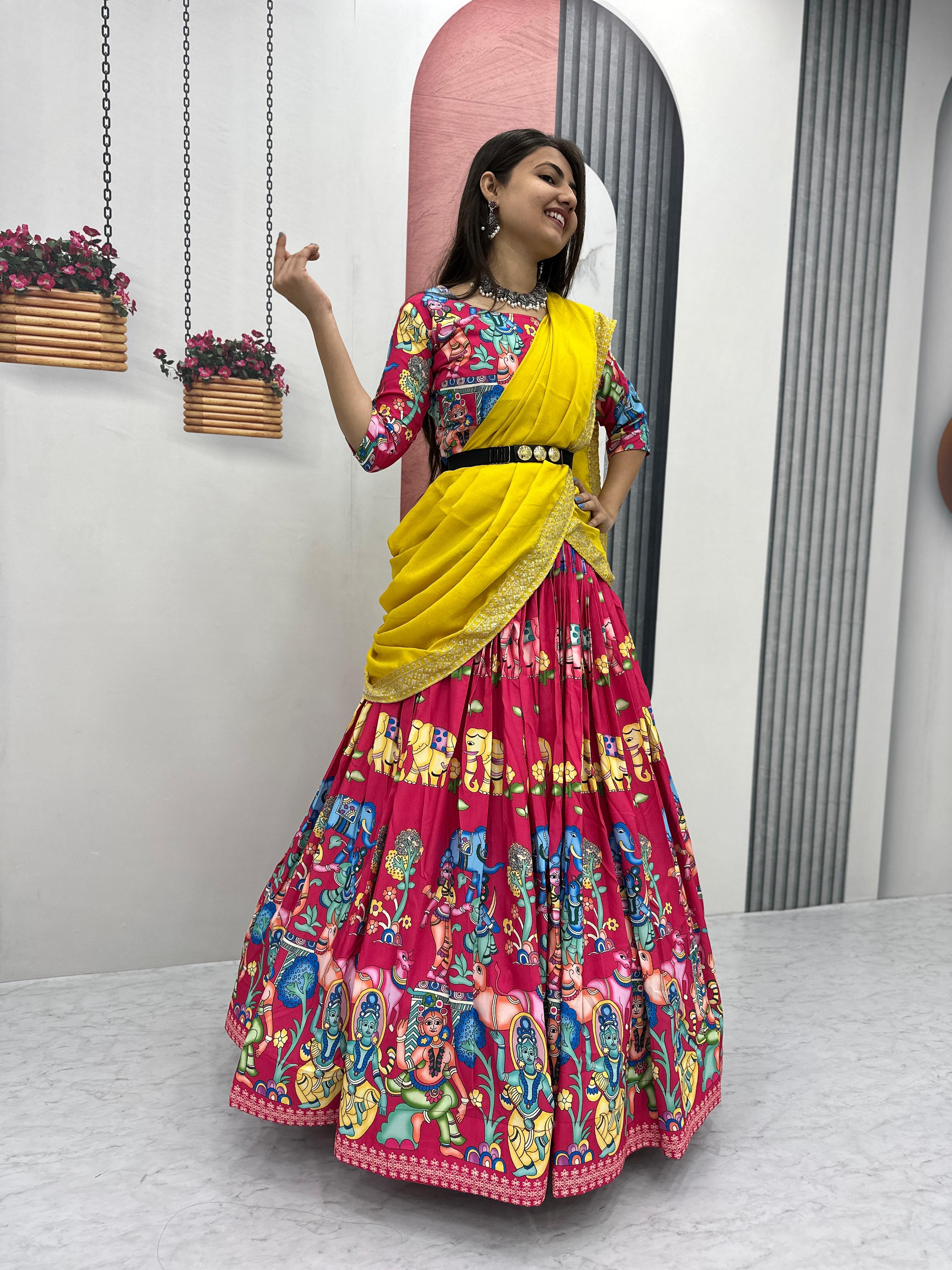 Beautiful Designer Pink Color Kalamkari Printed Lehenga Choli