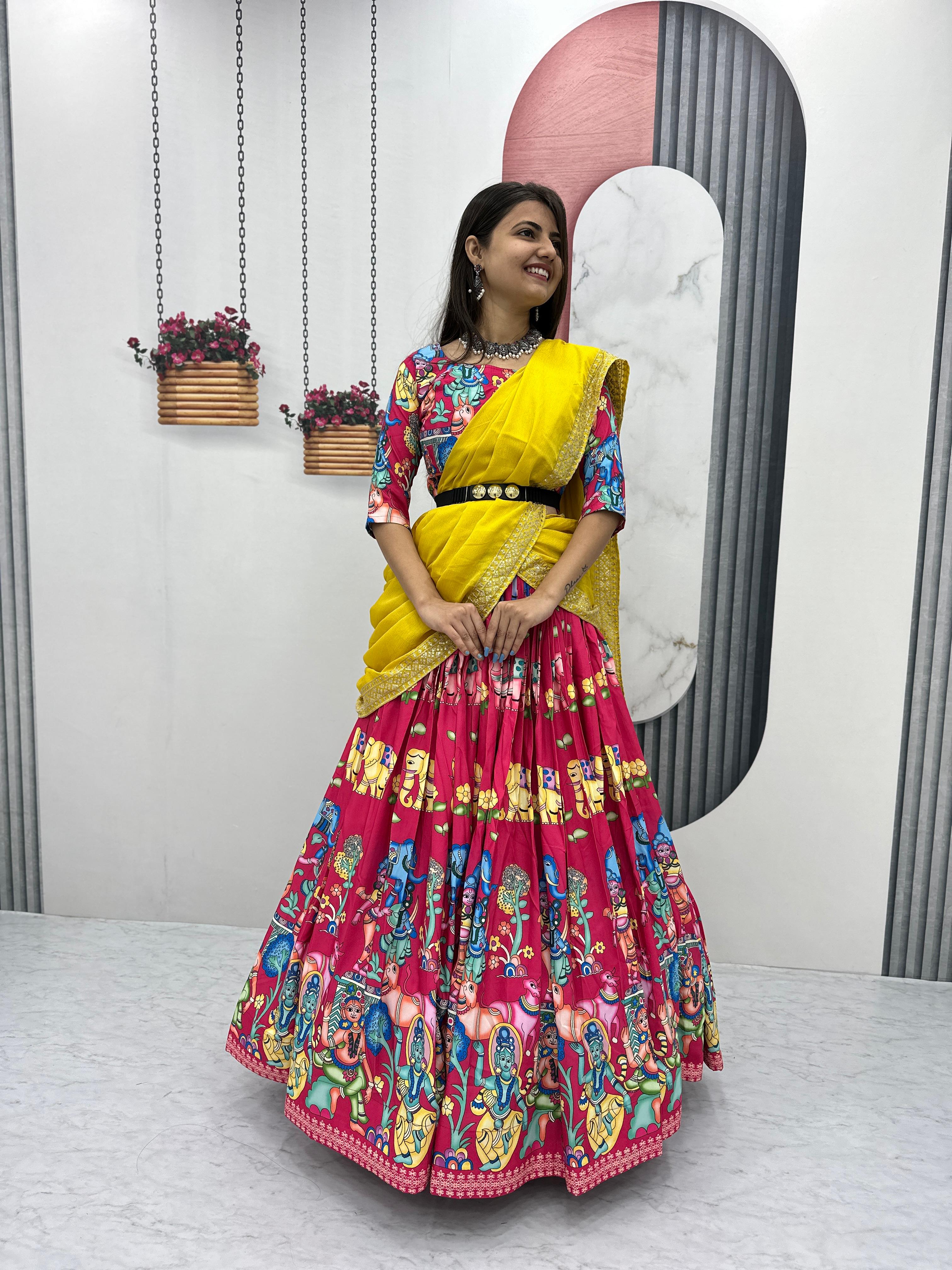 Beautiful Designer Pink Color Kalamkari Printed Lehenga Choli