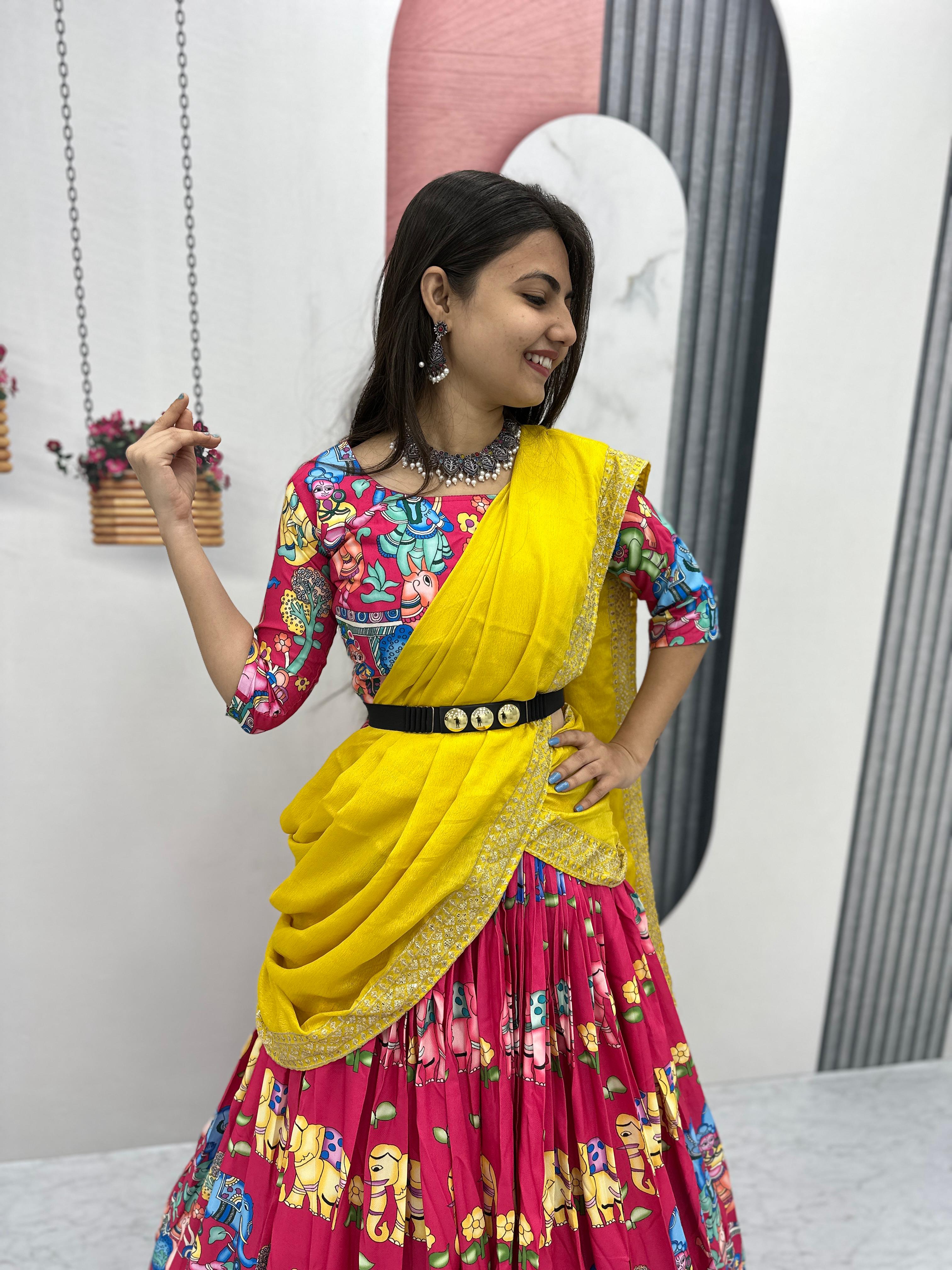 Beautiful Designer Pink Color Kalamkari Printed Lehenga Choli