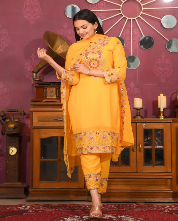 Haldi Wear Yellow Color Faux Georgette And Sequence Embroidery Work Beautiful Salwar Suit