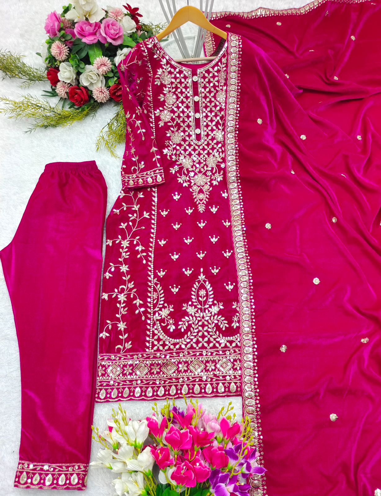 Engagement Wear Pink Color Pure Viscous Velvet With Heavy Embroidery 5mm Sequence Work Velvet Suit