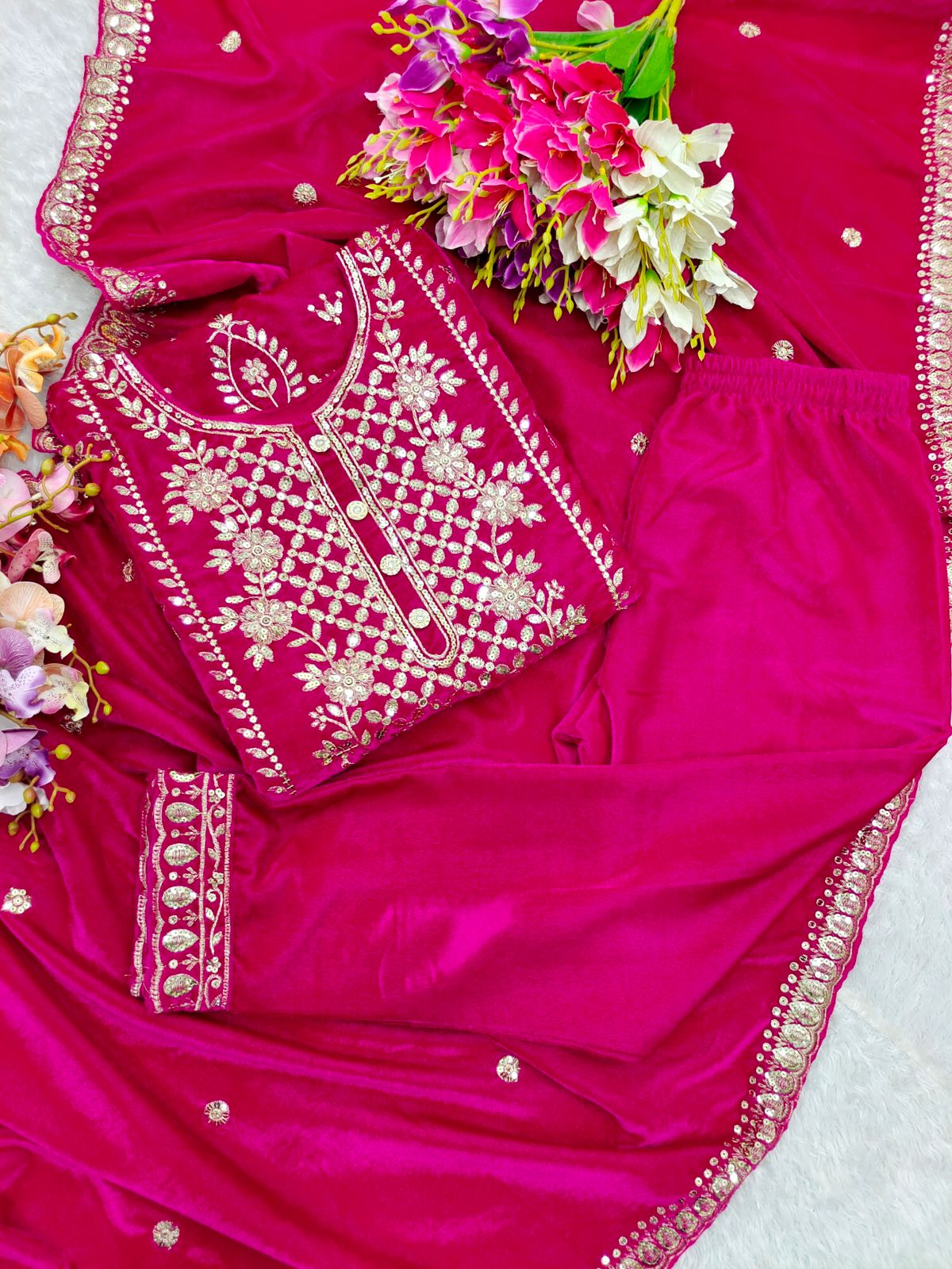 Engagement Wear Pink Color Pure Viscous Velvet With Heavy Embroidery 5mm Sequence Work Velvet Suit