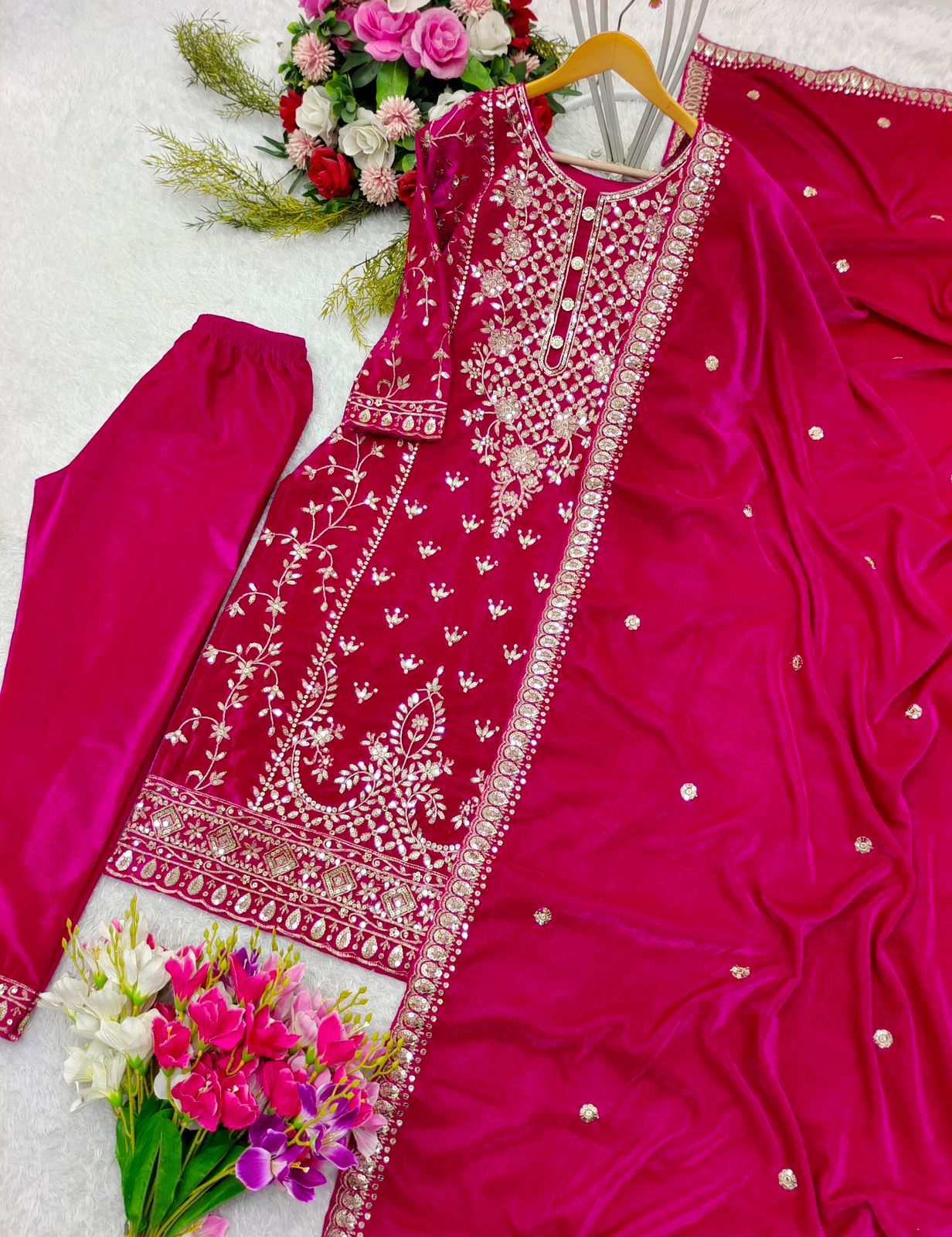 Engagement Wear Pink Color Pure Viscous Velvet With Heavy Embroidery 5mm Sequence Work Velvet Suit