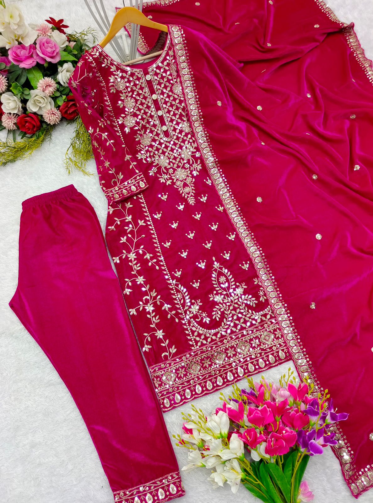 Engagement Wear Pink Color Pure Viscous Velvet With Heavy Embroidery 5mm Sequence Work Velvet Suit