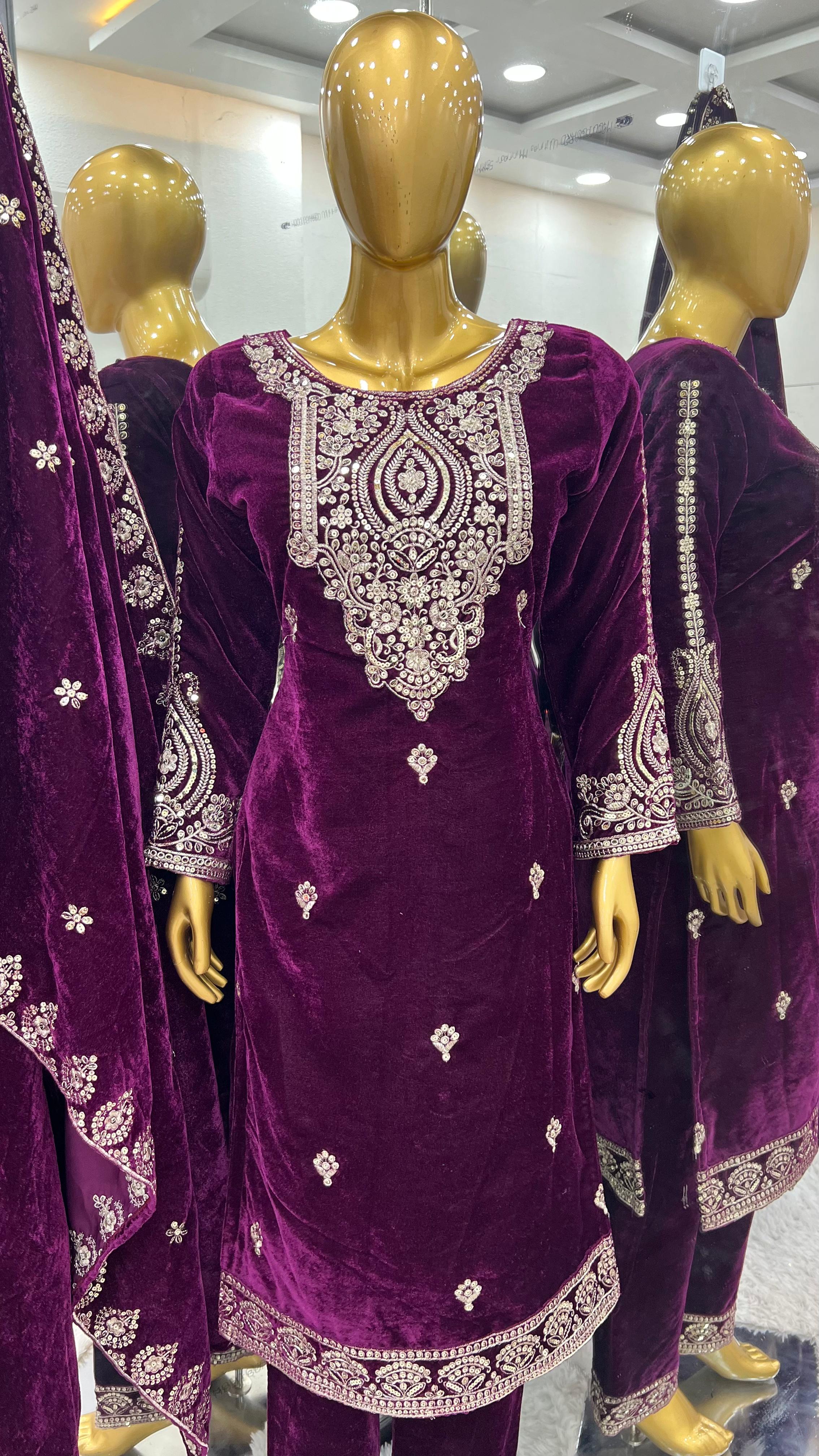 Alluring Wine Color Pure Heavy Viscose Velvet With Heavy Embroidery Sequence Work Salwar Suit