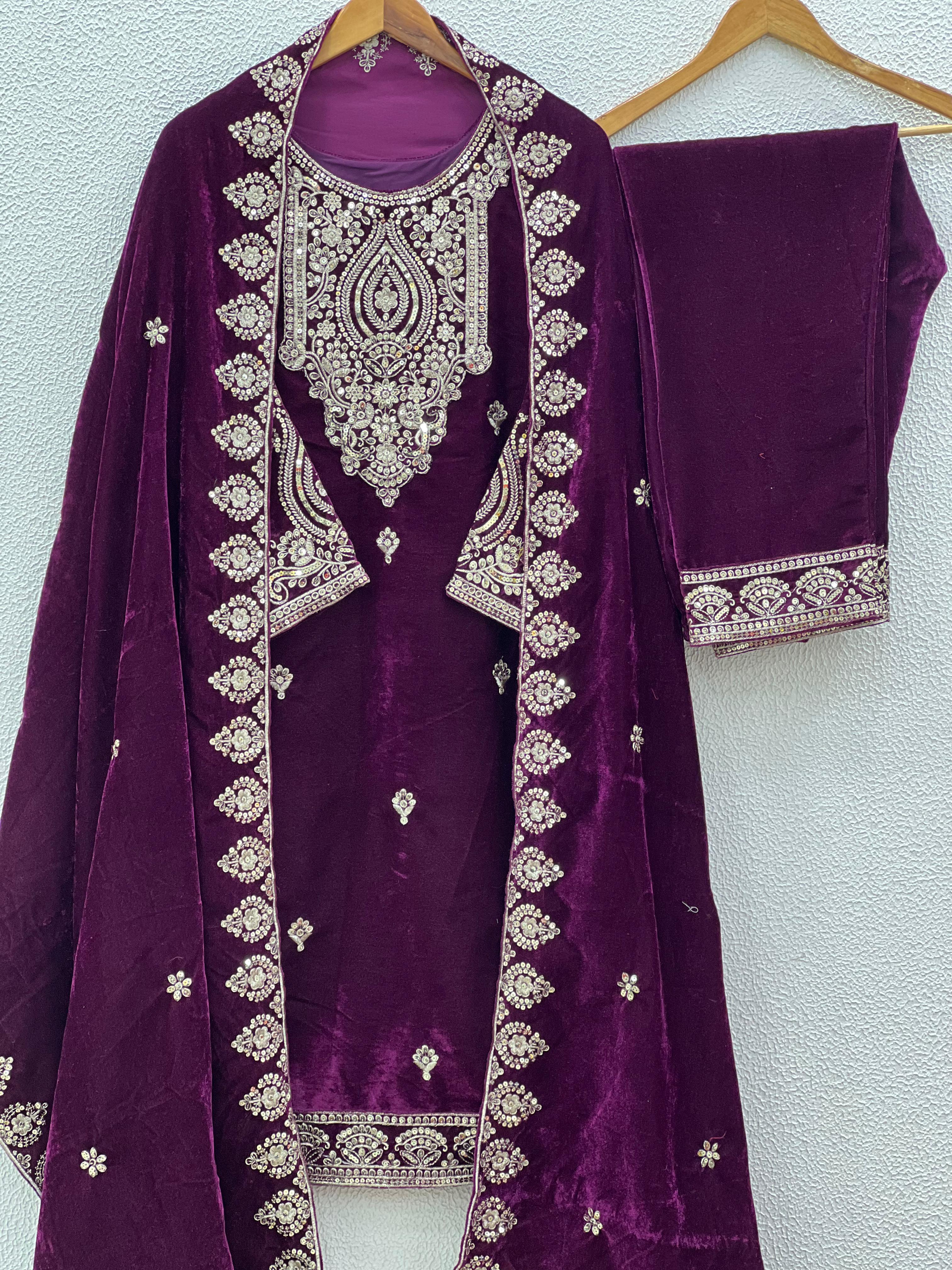 Alluring Wine Color Pure Heavy Viscose Velvet With Heavy Embroidery Sequence Work Salwar Suit